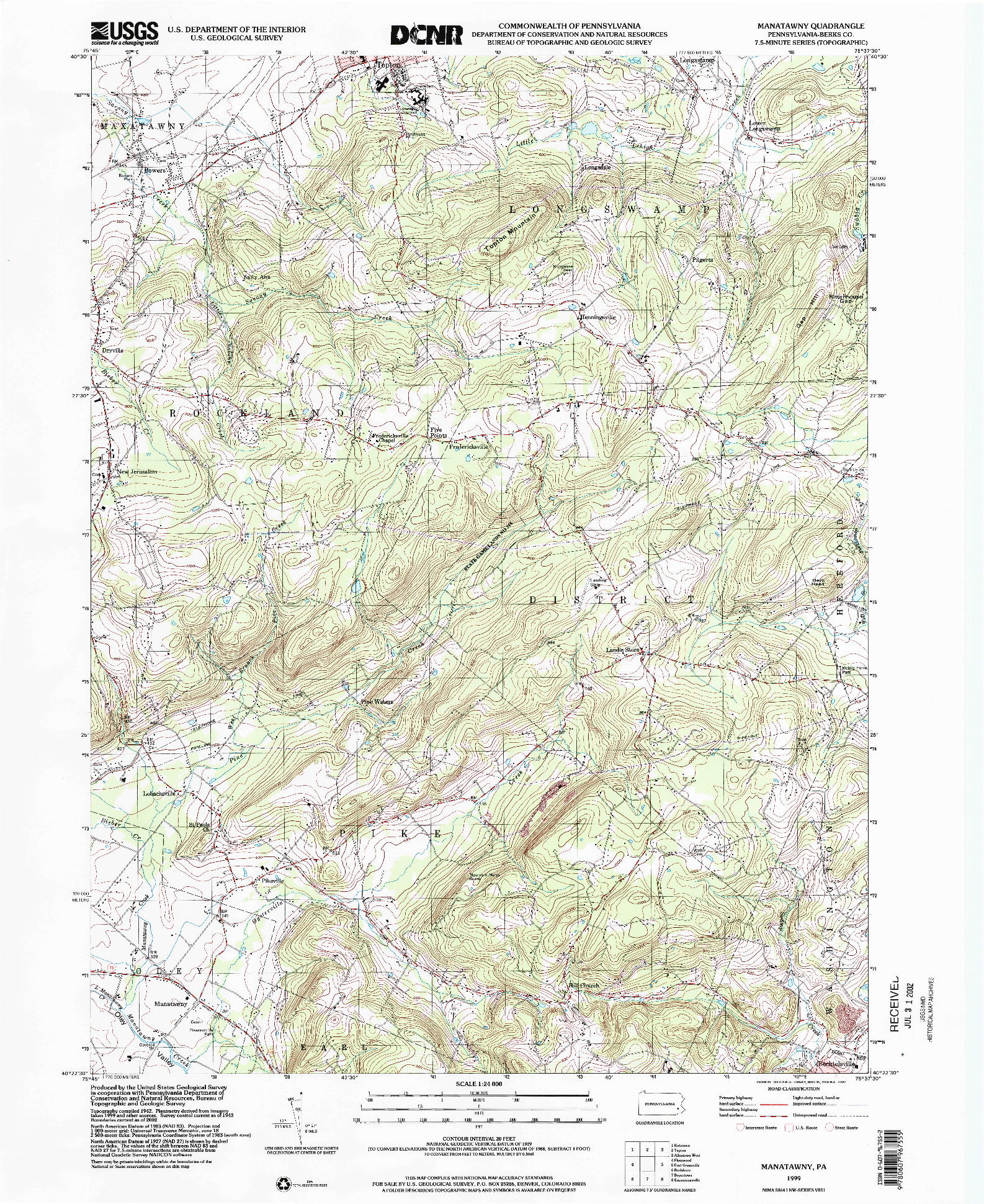 USGS 1:24000-SCALE QUADRANGLE FOR MANATAWNY, PA 1999