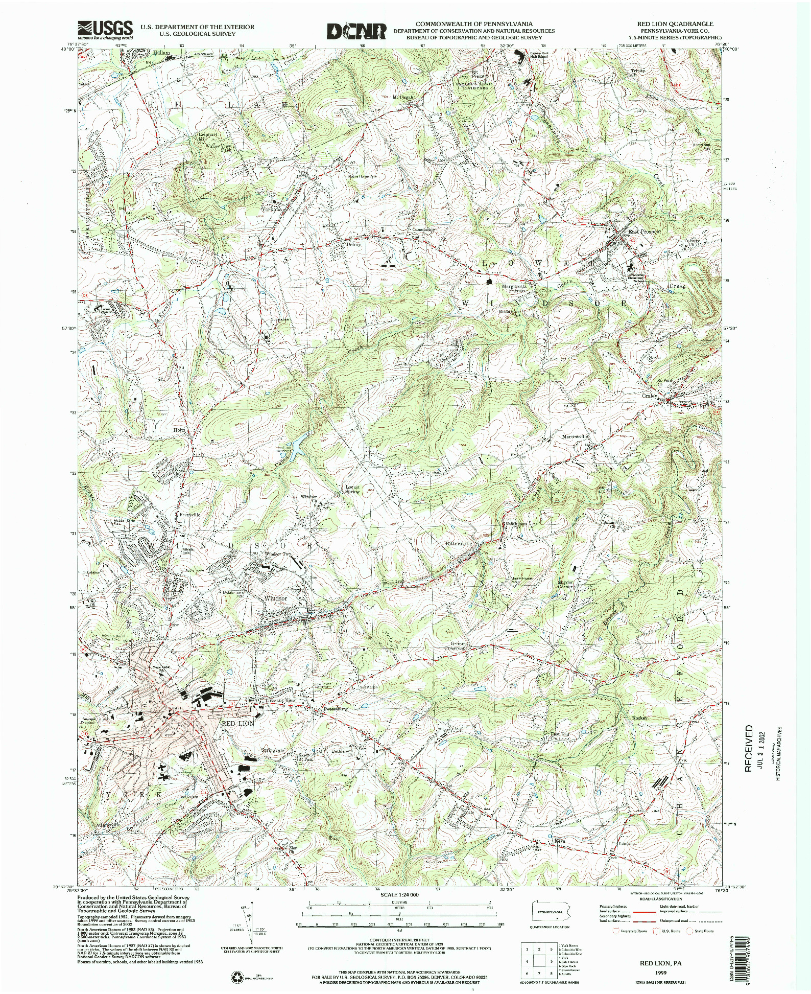 USGS 1:24000-SCALE QUADRANGLE FOR RED LION, PA 1999