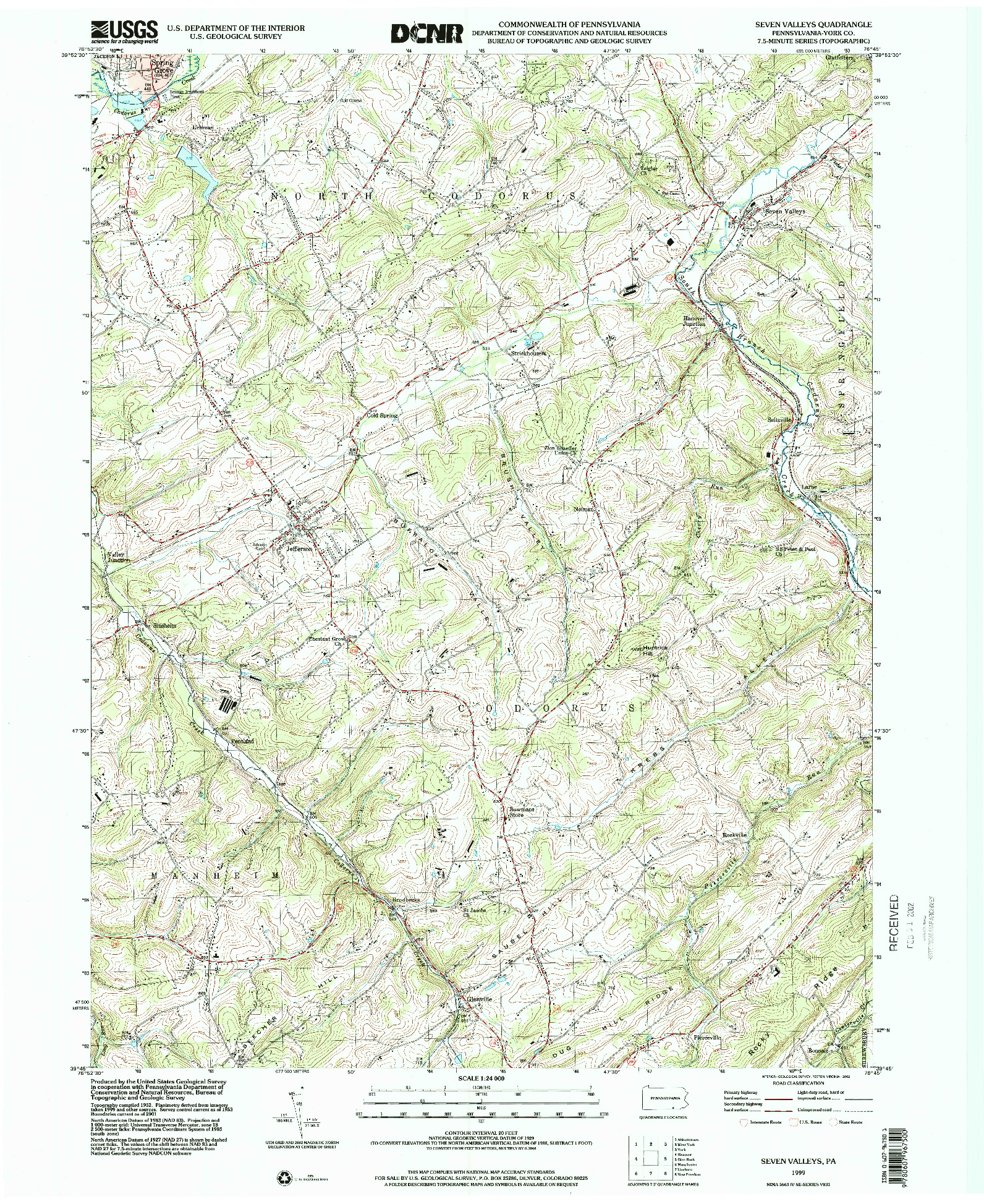 USGS 1:24000-SCALE QUADRANGLE FOR SEVEN VALLEYS, PA 1999
