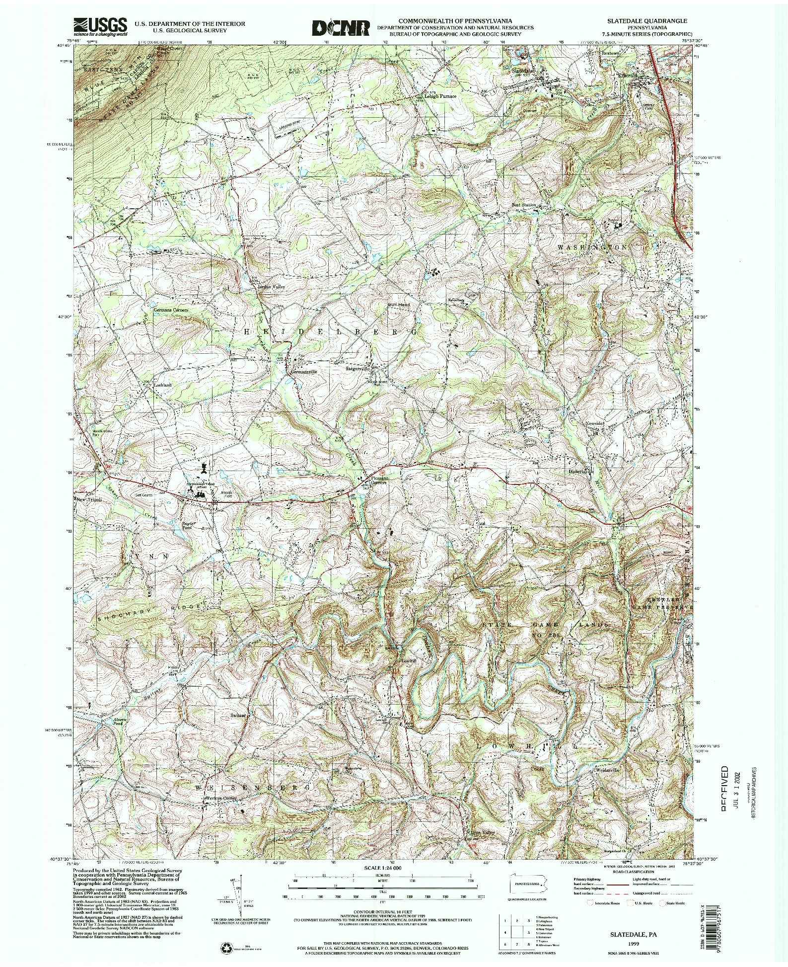 USGS 1:24000-SCALE QUADRANGLE FOR SLATEDALE, PA 1999