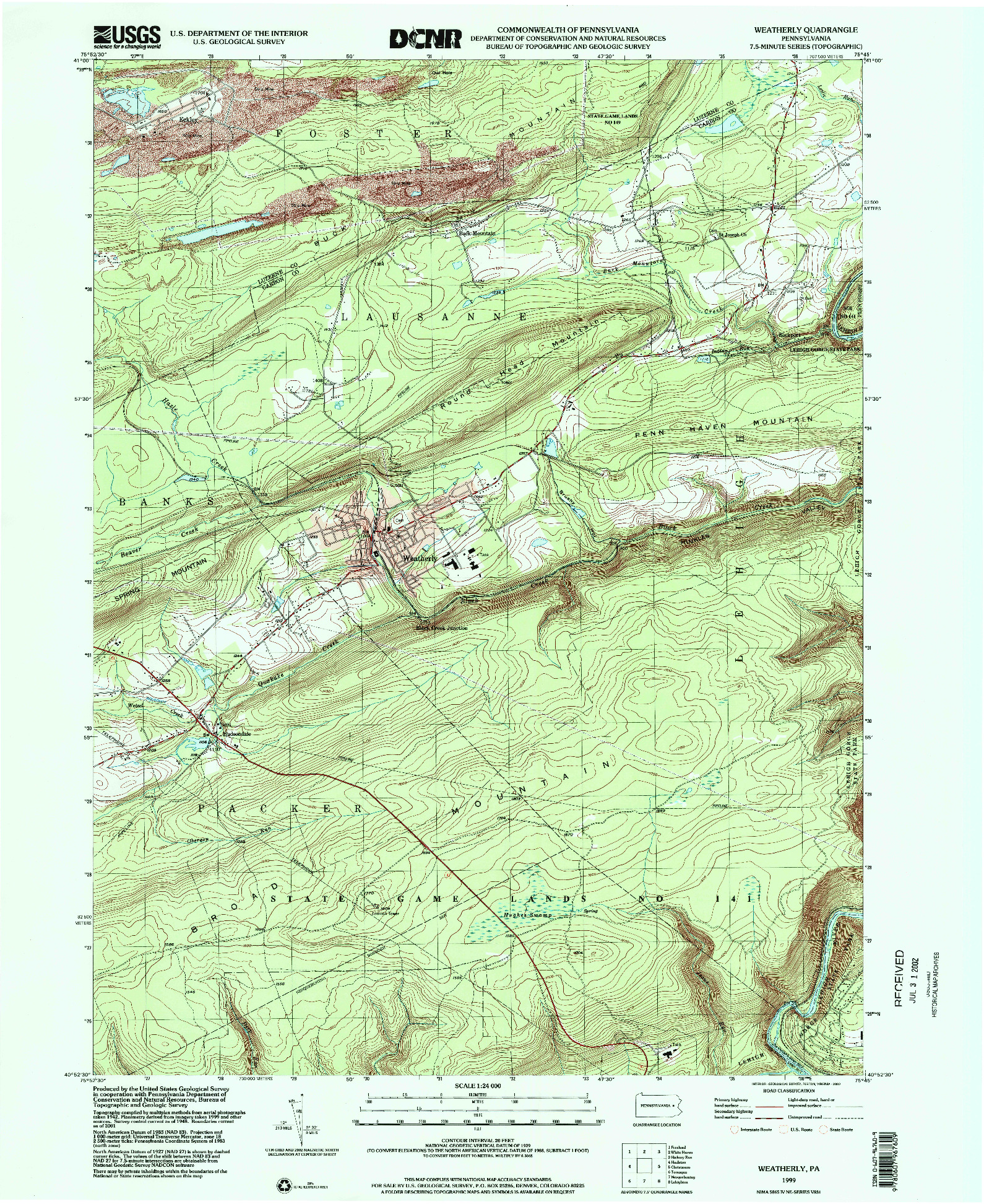 USGS 1:24000-SCALE QUADRANGLE FOR WEATHERLY, PA 1999