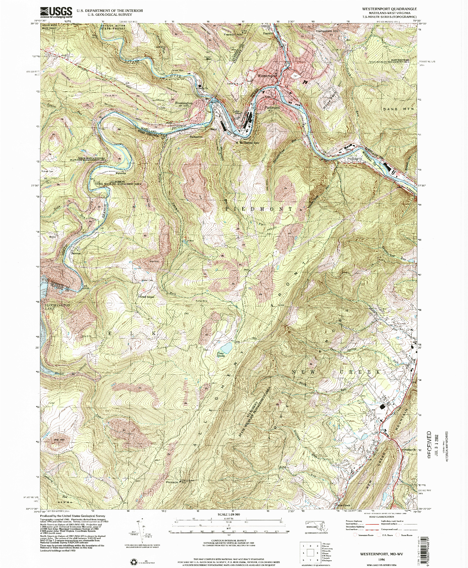 USGS 1:24000-SCALE QUADRANGLE FOR WESTERNPORT, MD 1996