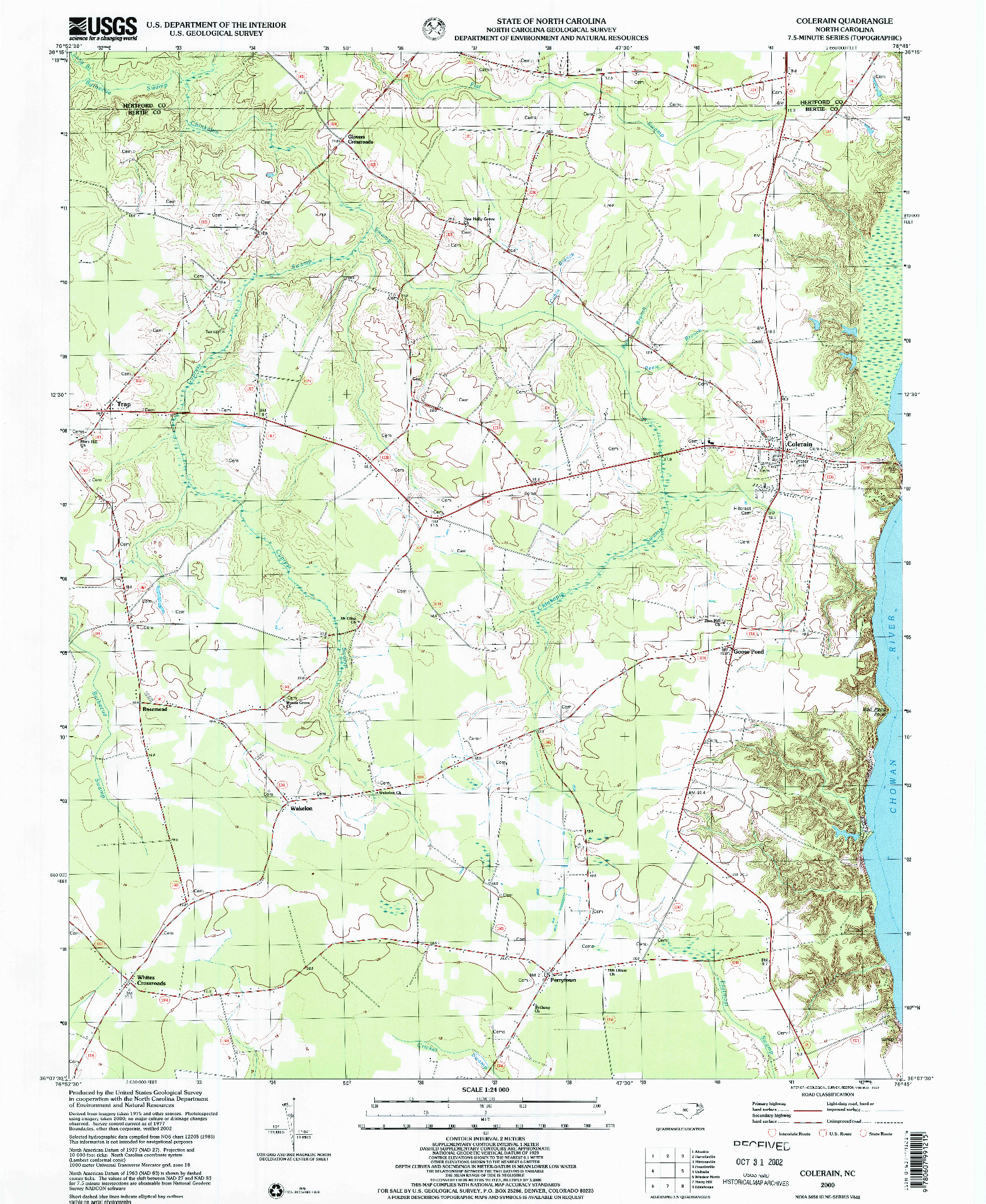 USGS 1:24000-SCALE QUADRANGLE FOR COLERAIN, NC 2000