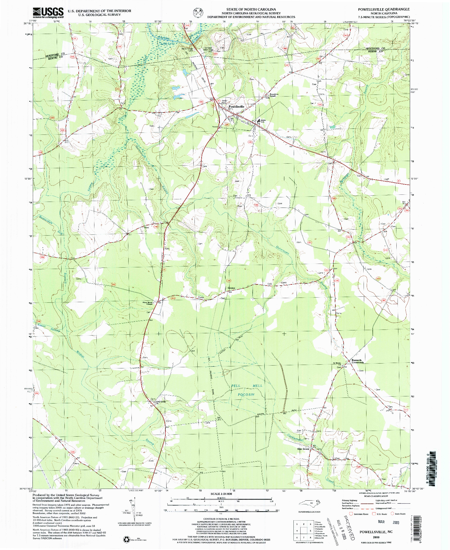 USGS 1:24000-SCALE QUADRANGLE FOR POWELLSVILLE, NC 2000