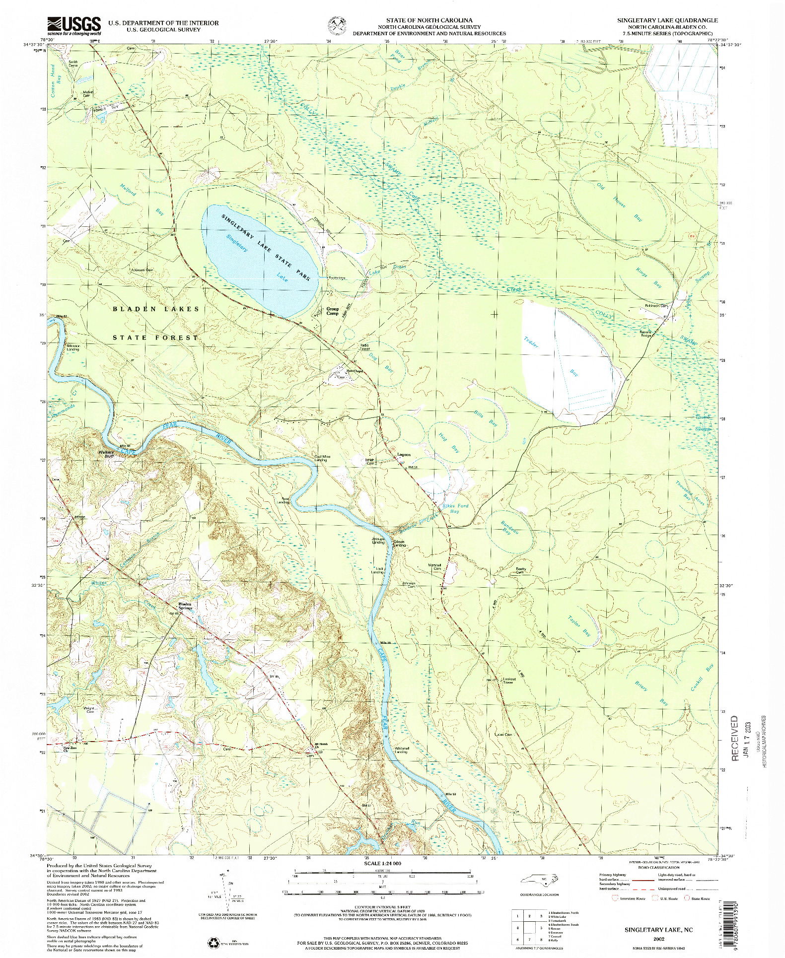 USGS 1:24000-SCALE QUADRANGLE FOR SINGLETARY LAKE, NC 2002