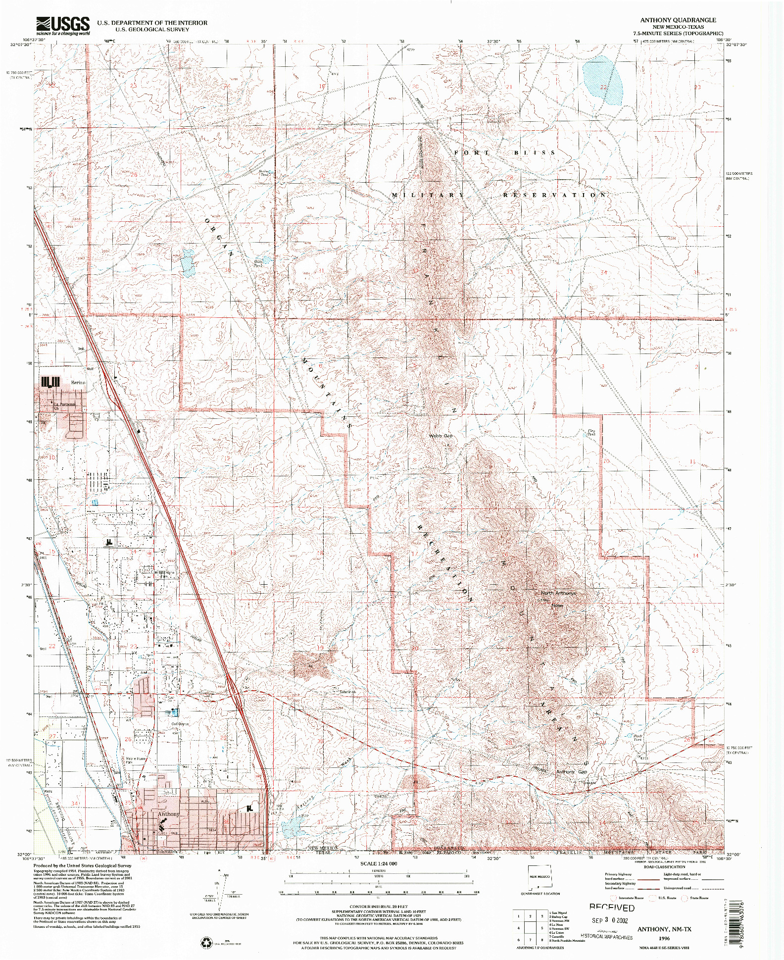 USGS 1:24000-SCALE QUADRANGLE FOR ANTHONY, NM 1996