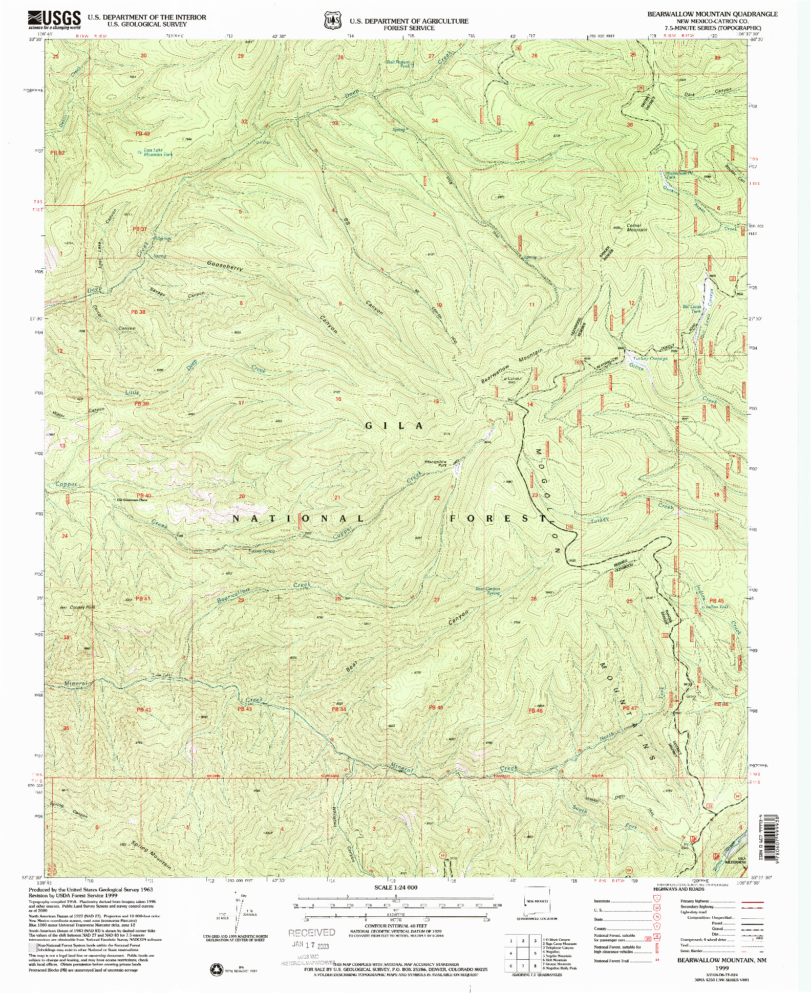 USGS 1:24000-SCALE QUADRANGLE FOR BEARWALLOW MOUNTAIN, NM 1999