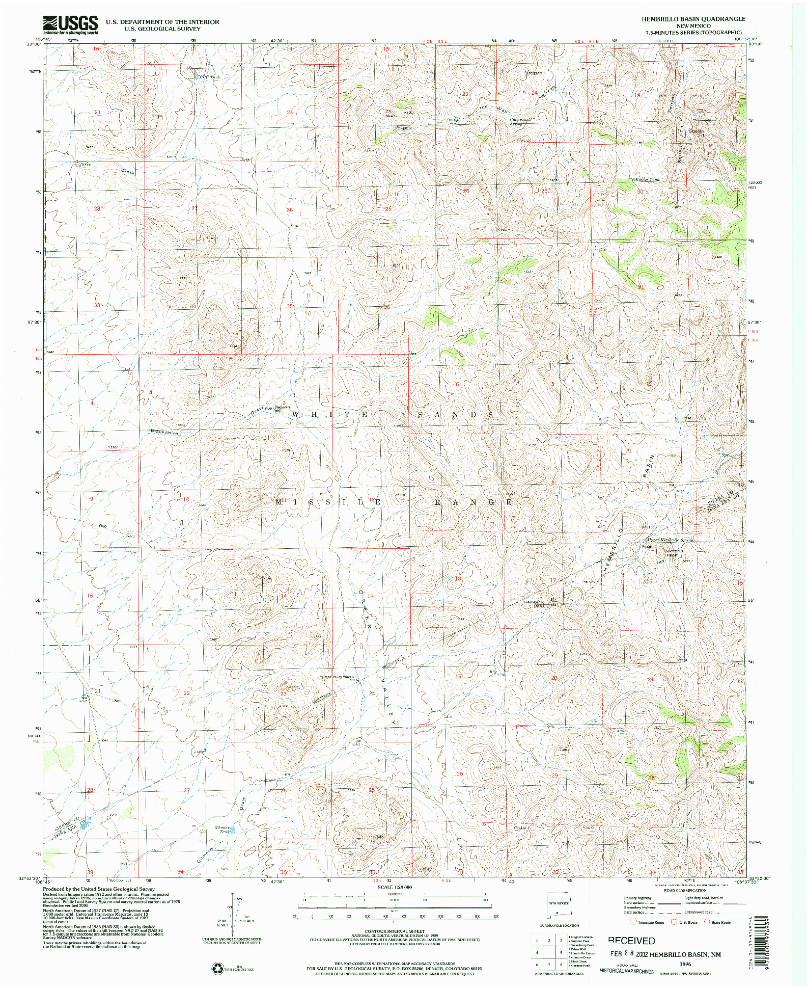 USGS 1:24000-SCALE QUADRANGLE FOR HEMBRILLO BASIN, NM 1996