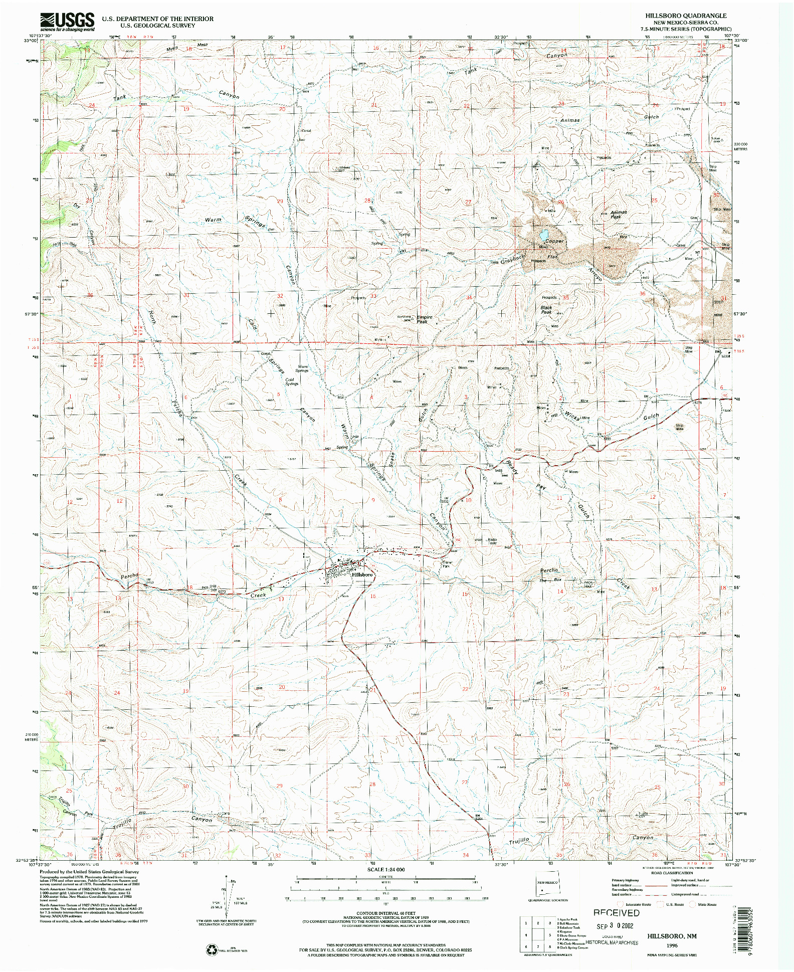 USGS 1:24000-SCALE QUADRANGLE FOR HILLSBORO, NM 1996