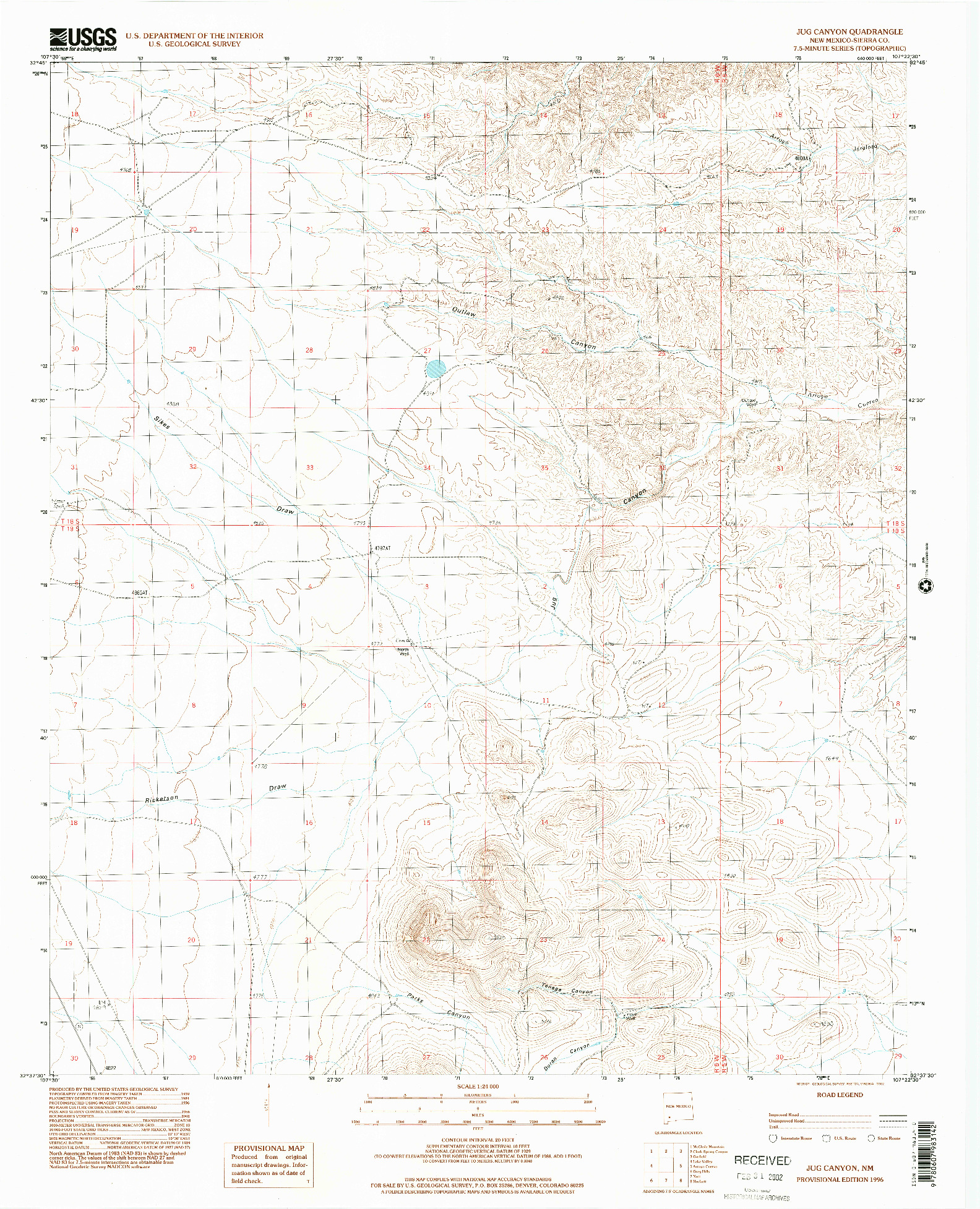 USGS 1:24000-SCALE QUADRANGLE FOR JUG CANYON, NM 1996