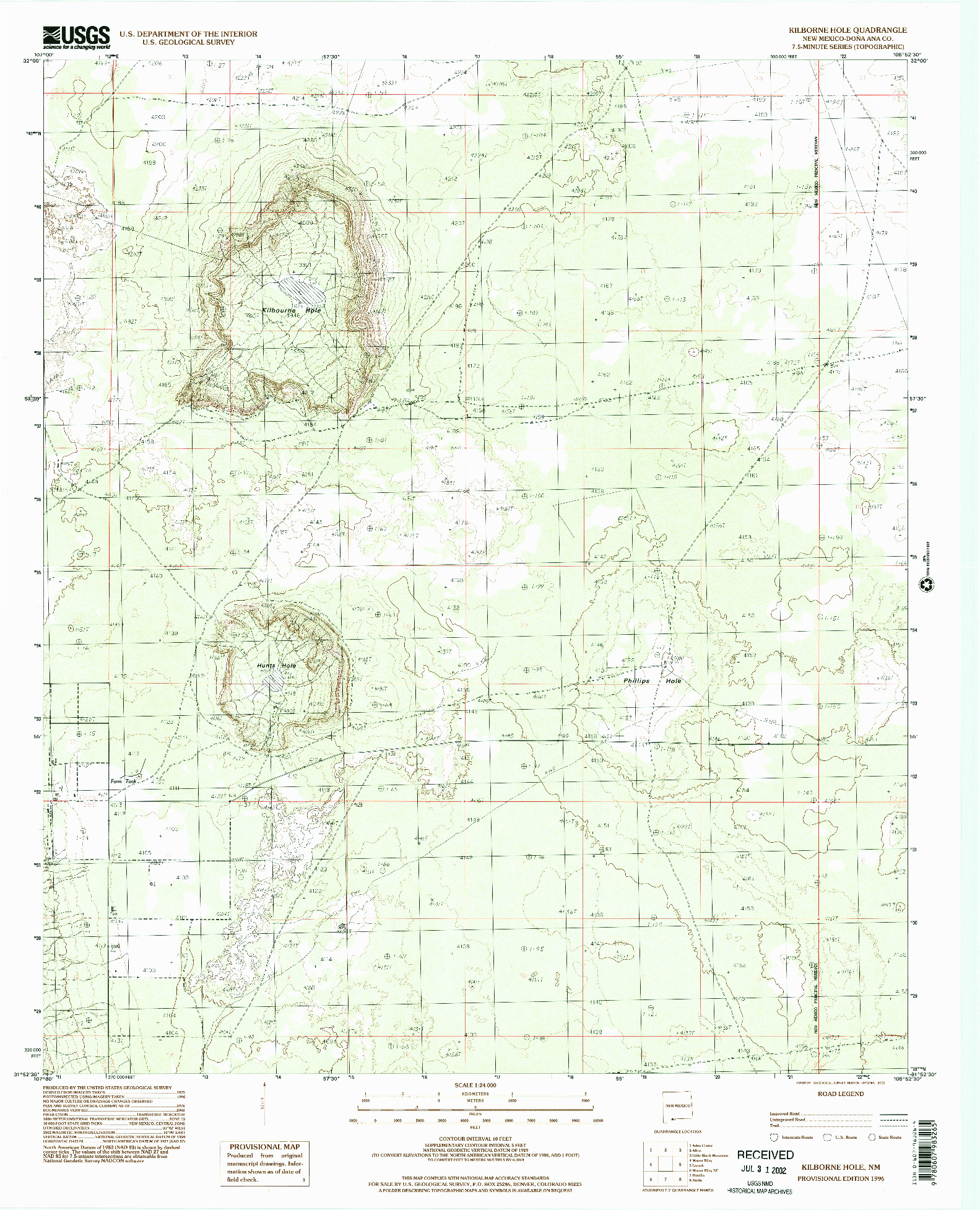 USGS 1:24000-SCALE QUADRANGLE FOR KILBOURNE HOLE, NM 1996