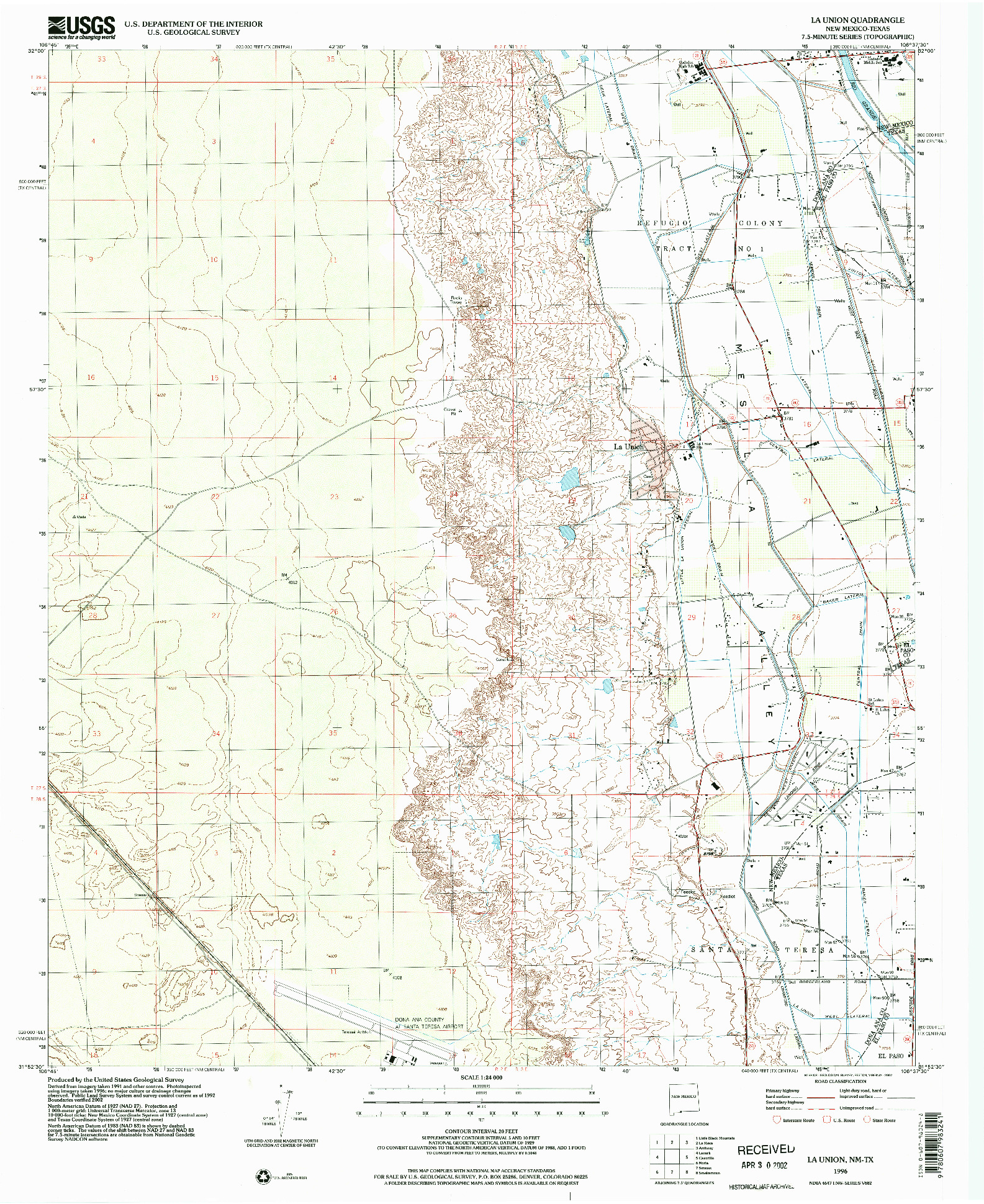USGS 1:24000-SCALE QUADRANGLE FOR LA UNION, NM 1996