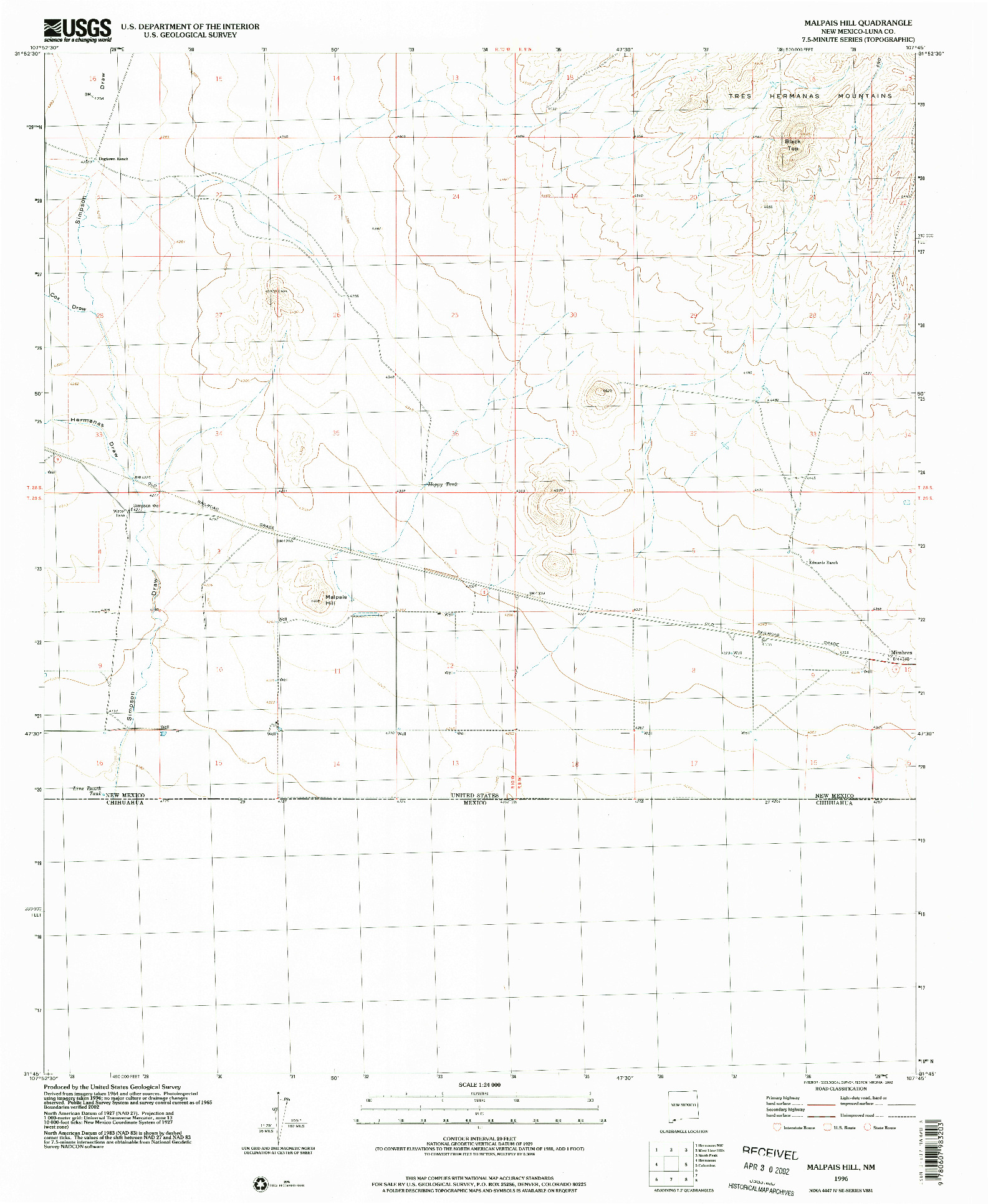 USGS 1:24000-SCALE QUADRANGLE FOR MALPAIS HILL, NM 1996