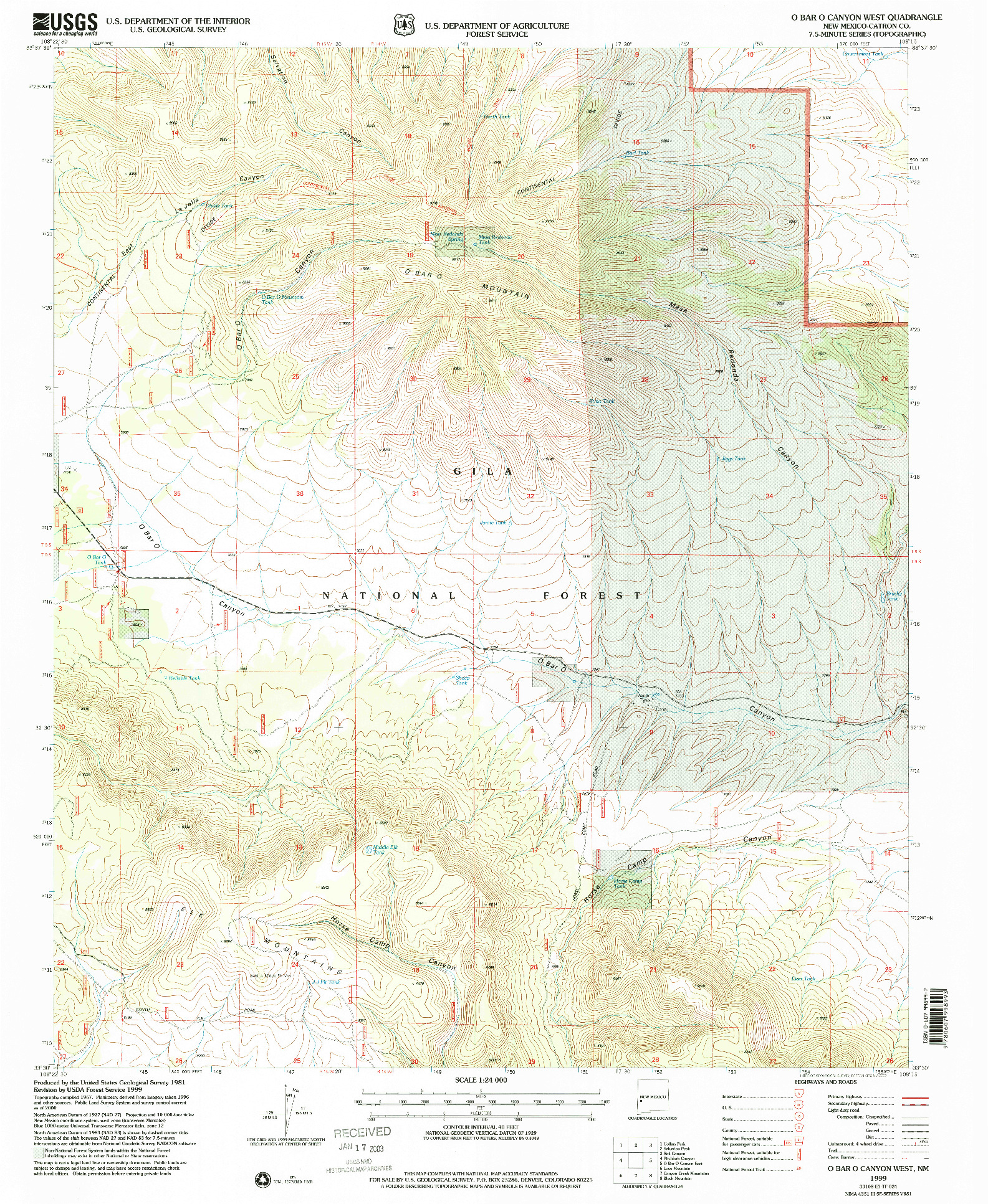 USGS 1:24000-SCALE QUADRANGLE FOR O BAR O CANYON WEST, NM 1999