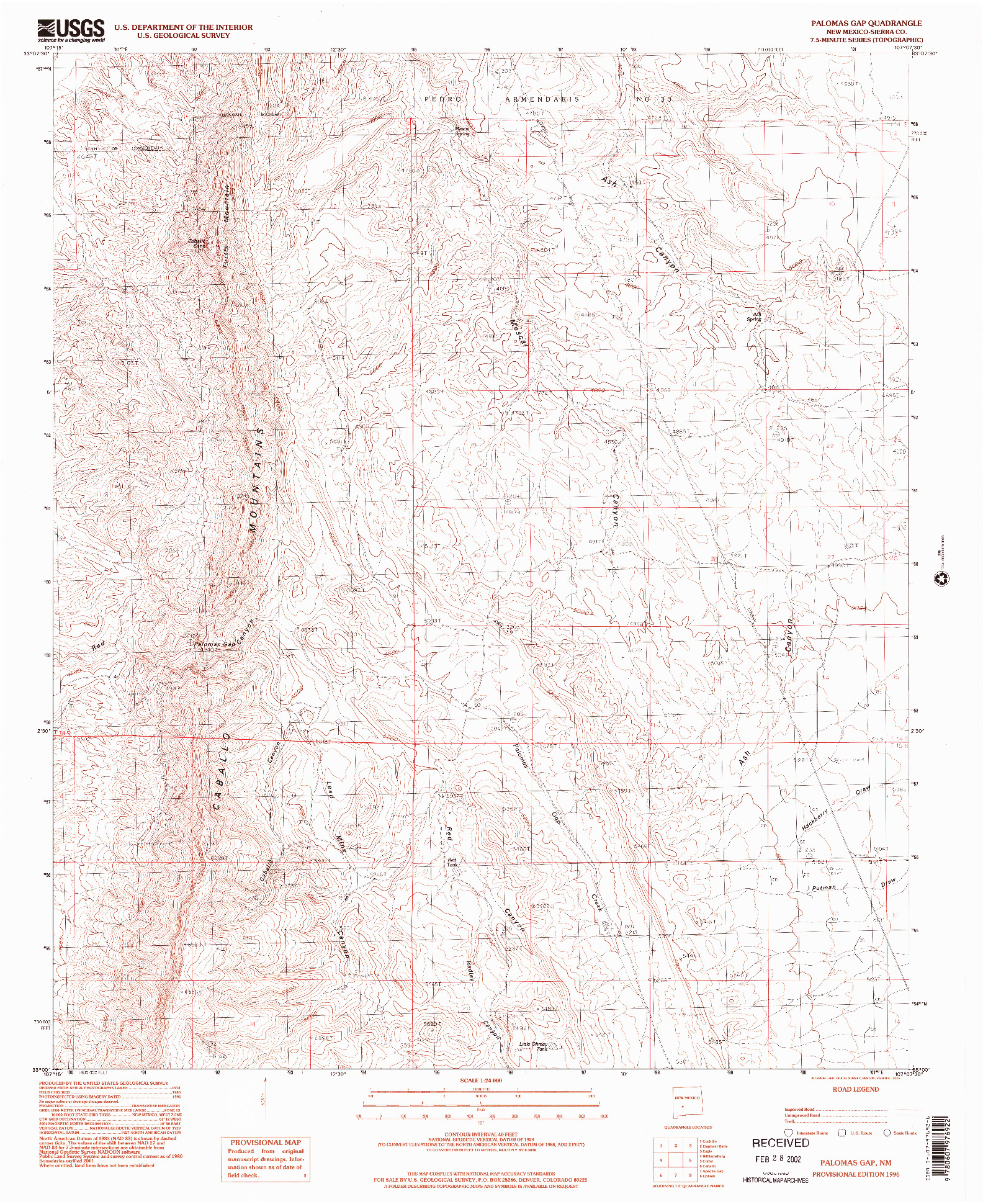 USGS 1:24000-SCALE QUADRANGLE FOR PALOMAS GAP, NM 1996