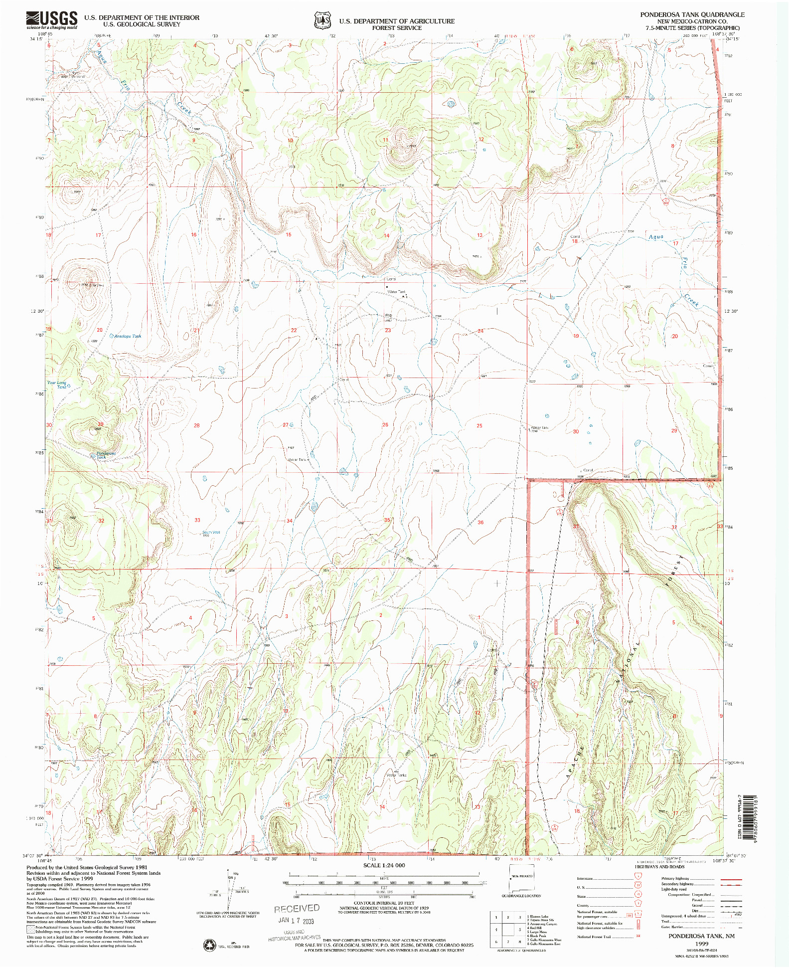 USGS 1:24000-SCALE QUADRANGLE FOR PONDEROSA TANK, NM 1999