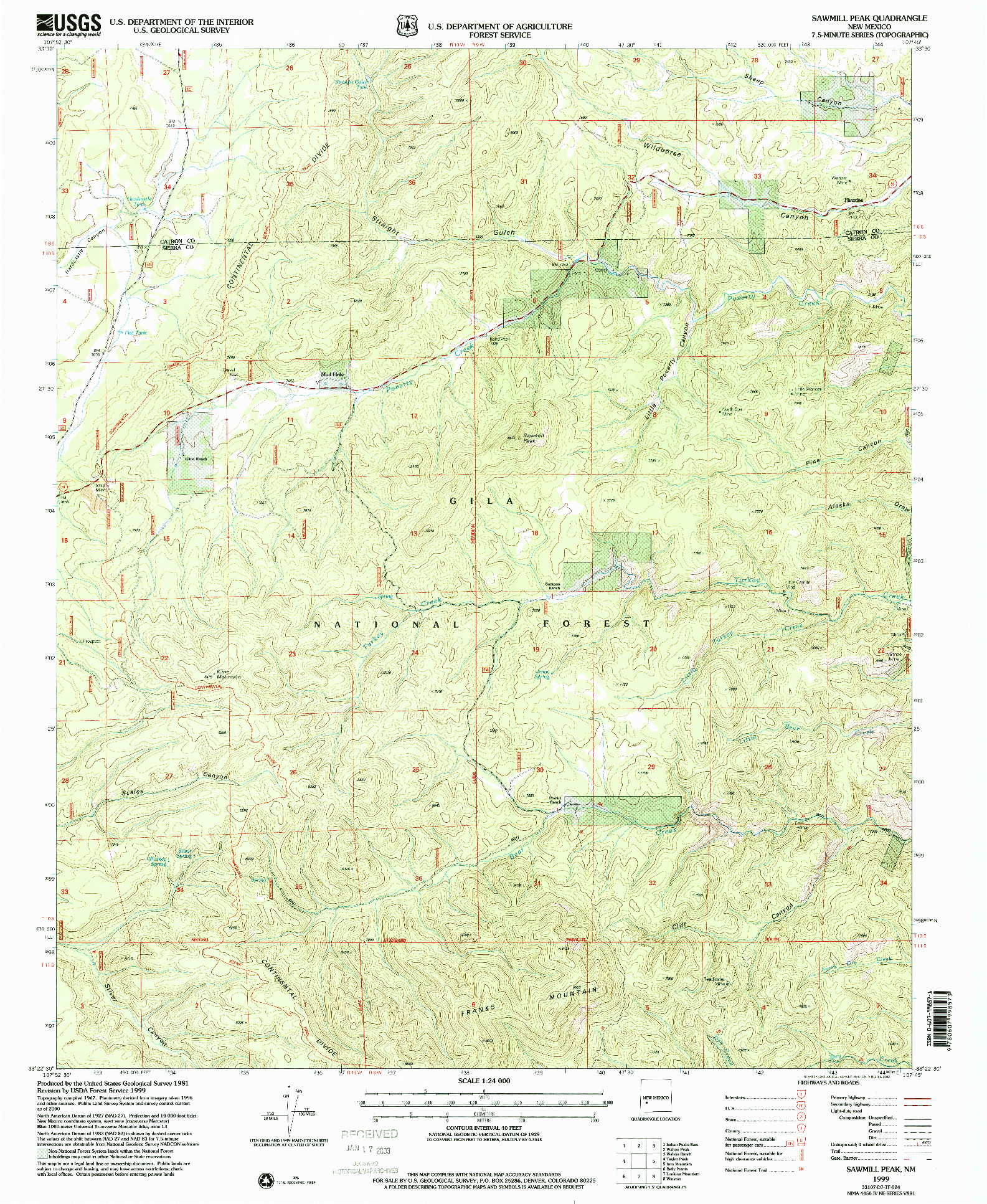 USGS 1:24000-SCALE QUADRANGLE FOR SAWMILL PEAK, NM 1999