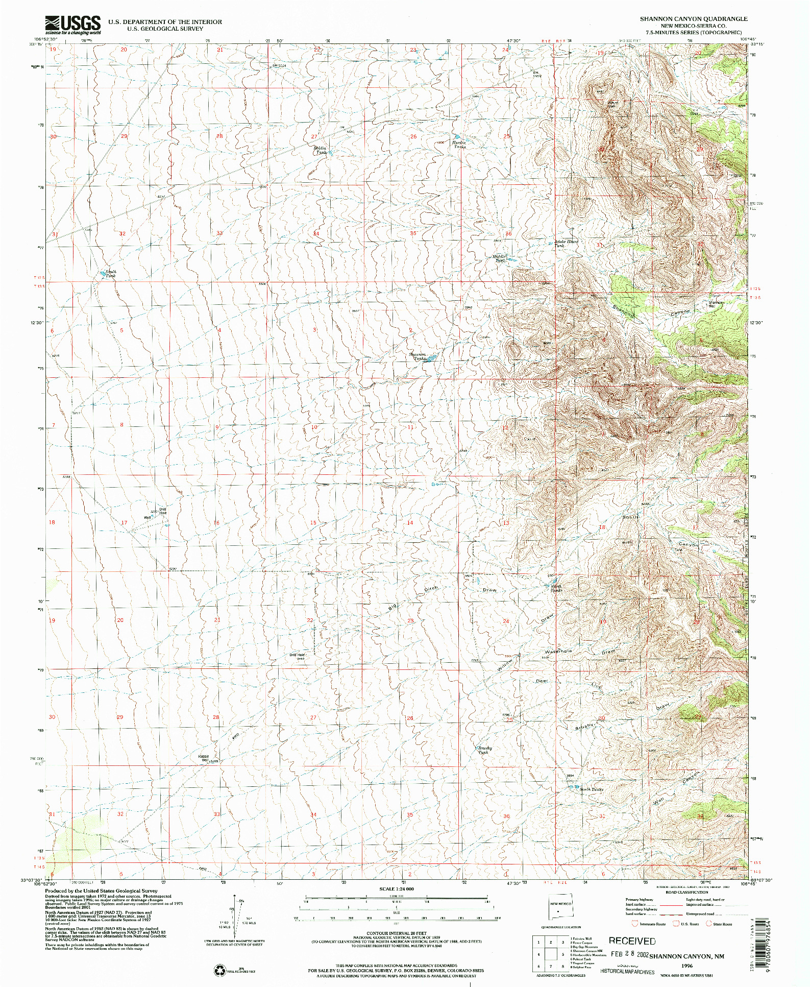 USGS 1:24000-SCALE QUADRANGLE FOR SHANNON CANYON, NM 1996