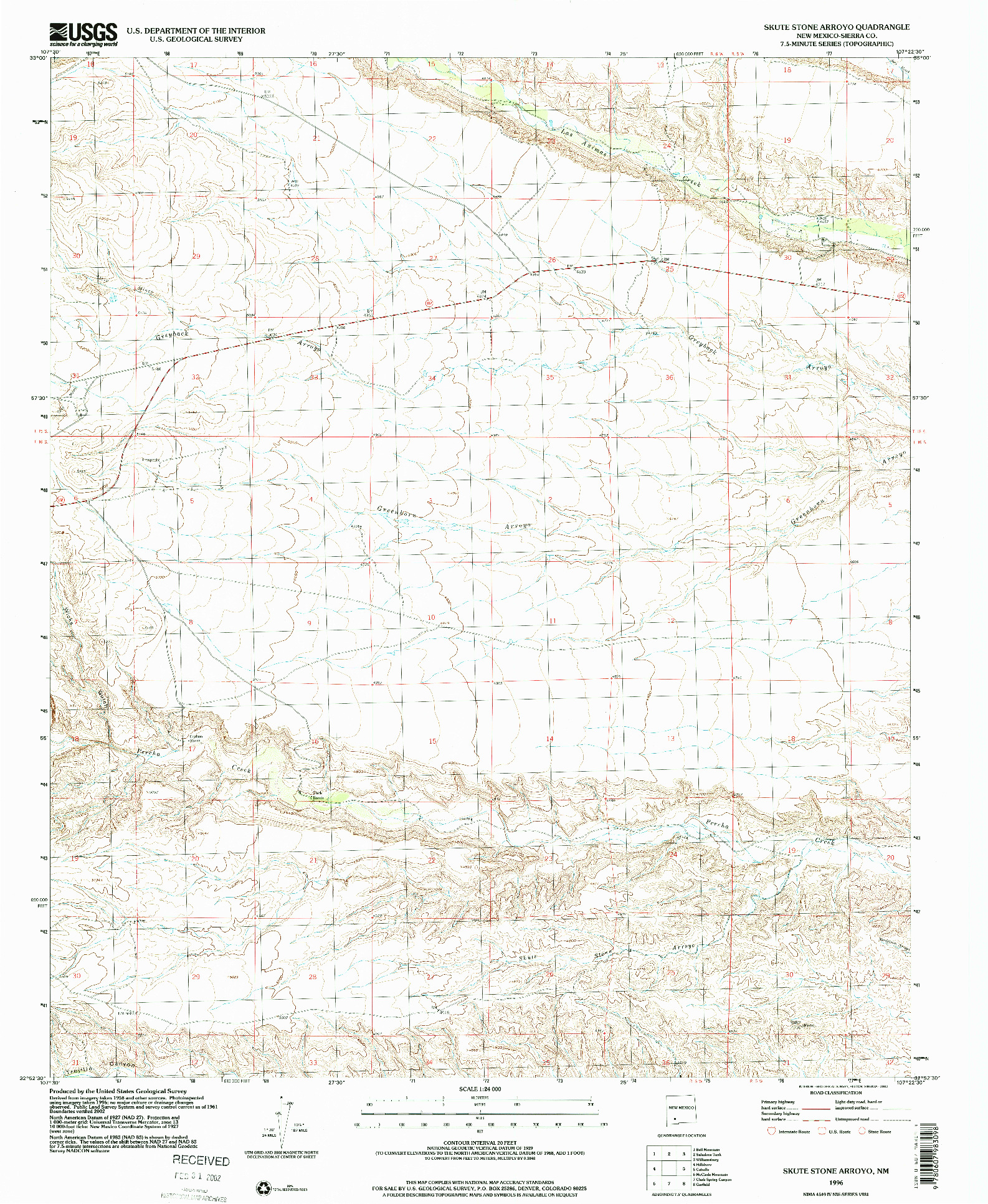 USGS 1:24000-SCALE QUADRANGLE FOR SKUTE STONE ARROYO, NM 1996