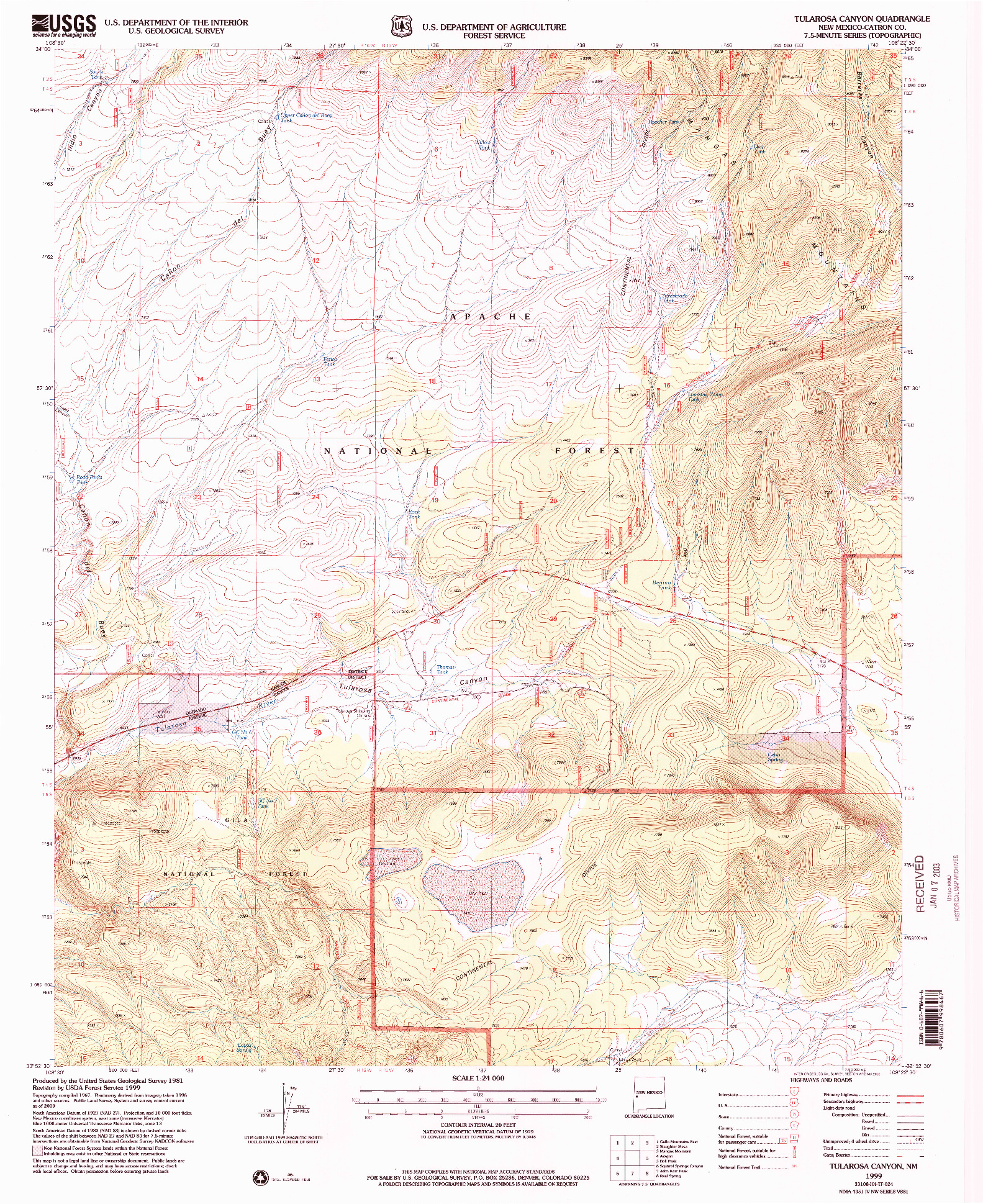 USGS 1:24000-SCALE QUADRANGLE FOR TULAROSA CANYON, NM 1999