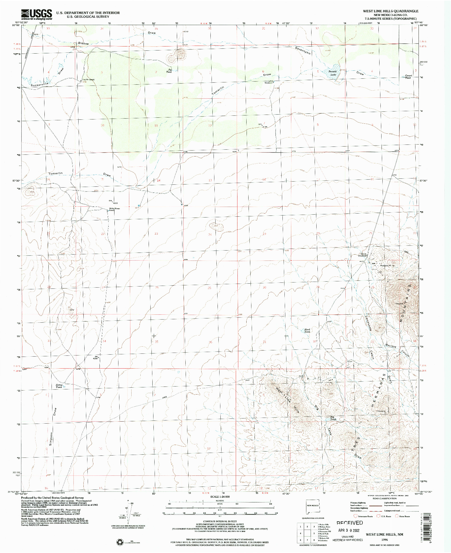 USGS 1:24000-SCALE QUADRANGLE FOR WEST LIME HILLS, NM 1996