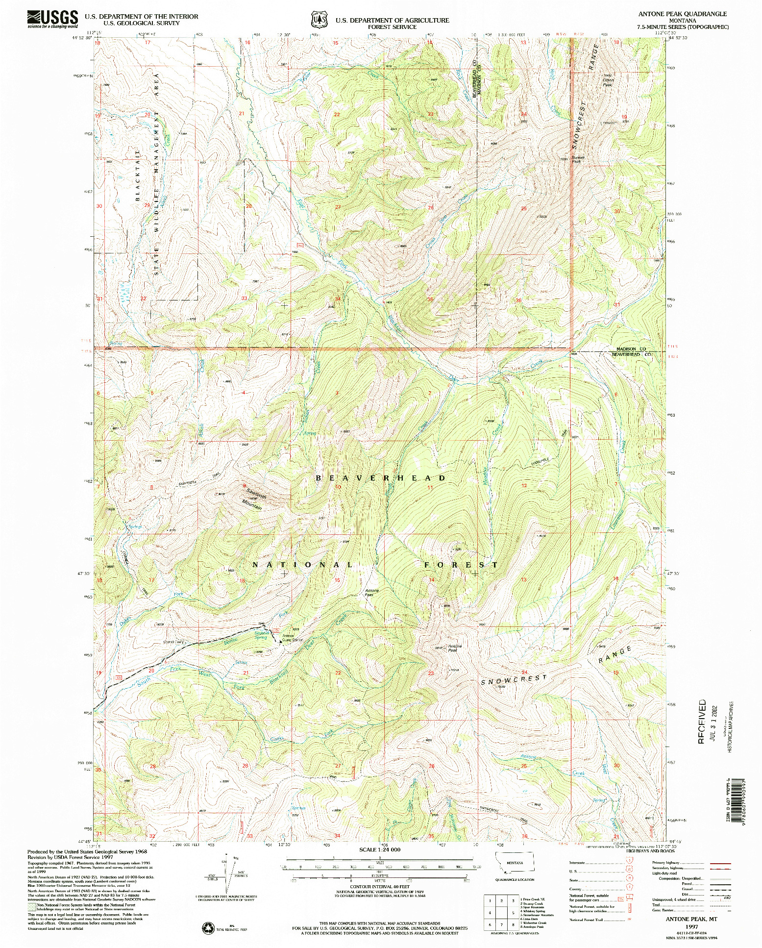 USGS 1:24000-SCALE QUADRANGLE FOR ANTONE PEAK, MT 1997