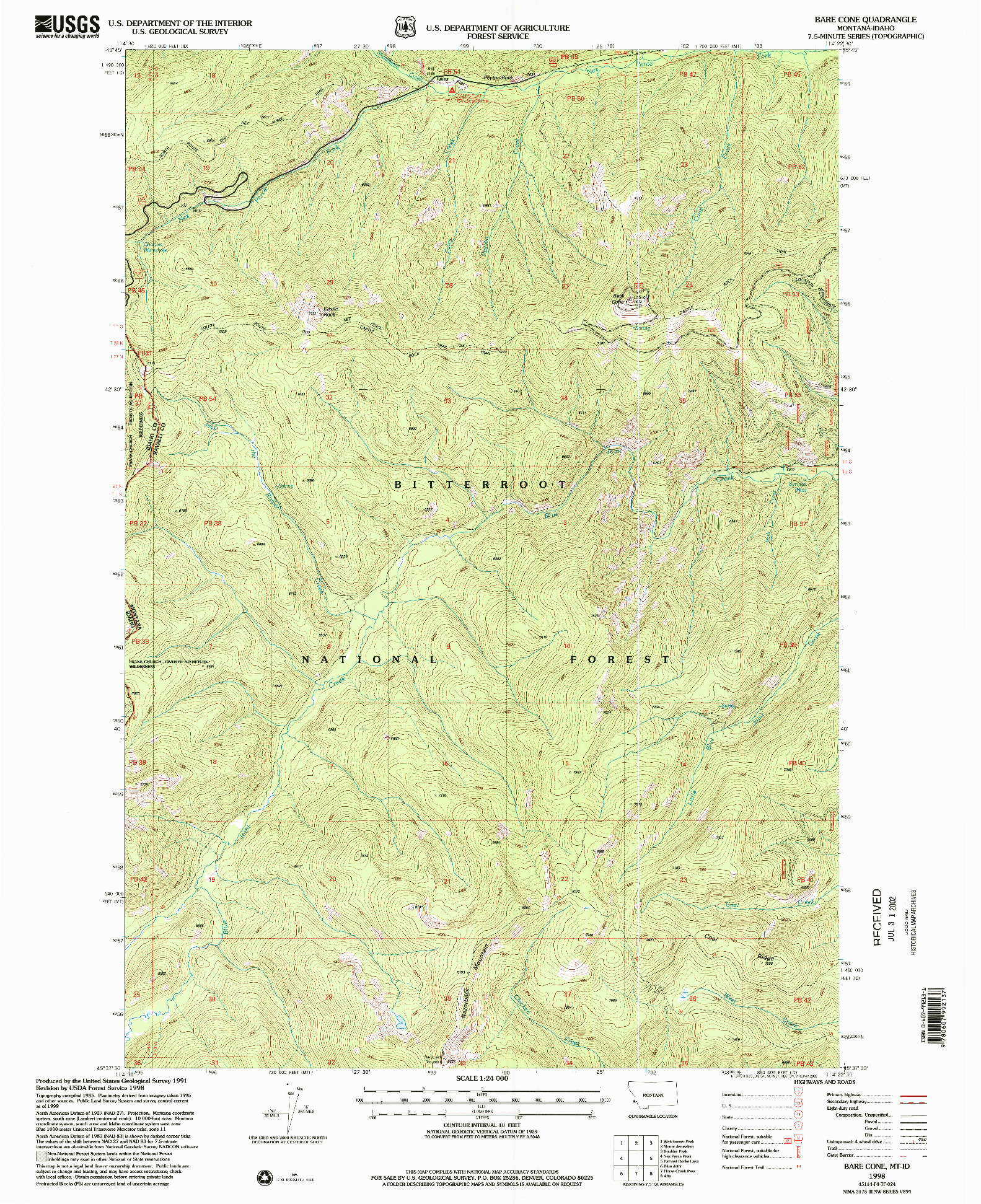 USGS 1:24000-SCALE QUADRANGLE FOR BARE CONE, MT 1998