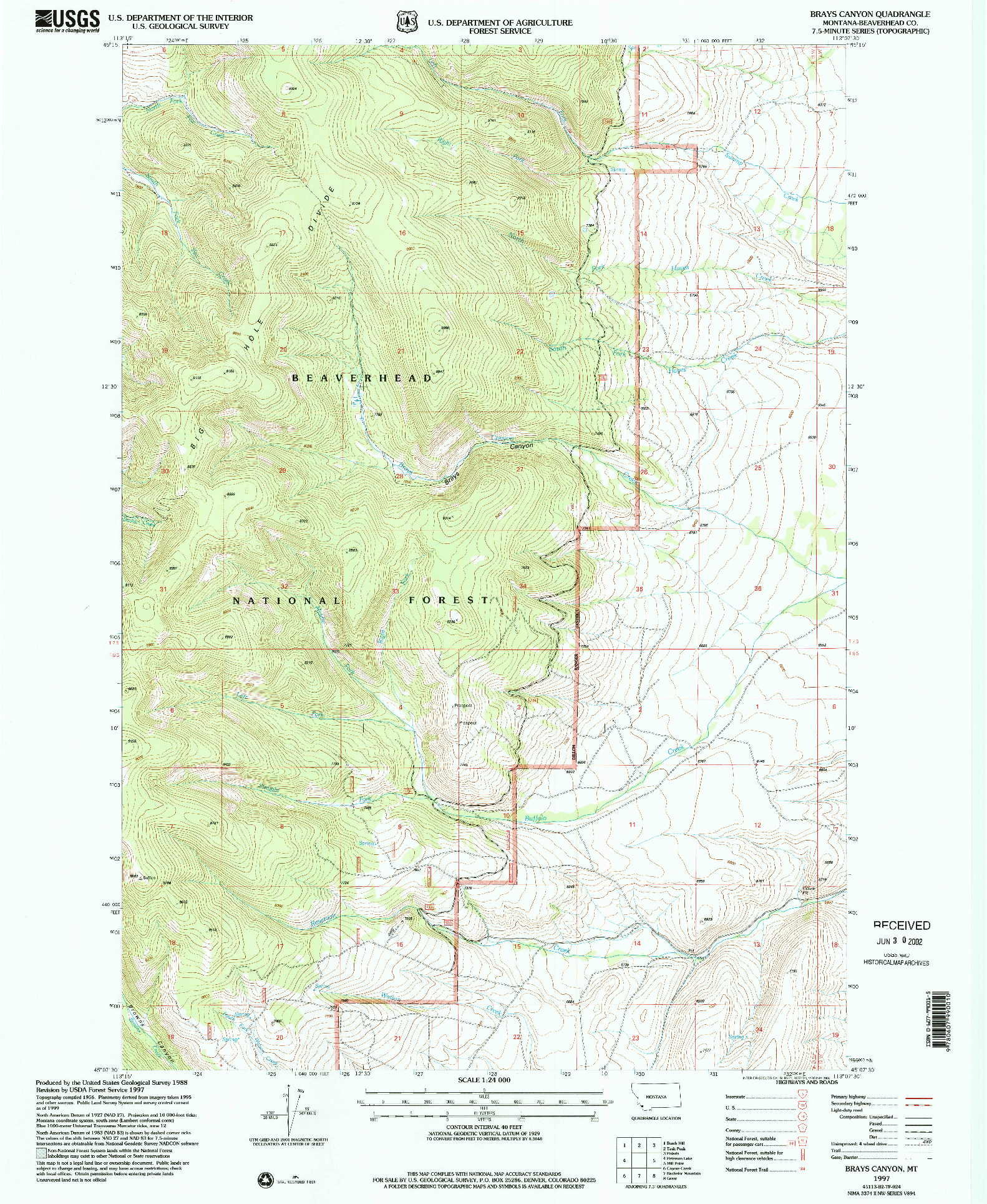 USGS 1:24000-SCALE QUADRANGLE FOR BRAYS CANYON, MT 1997