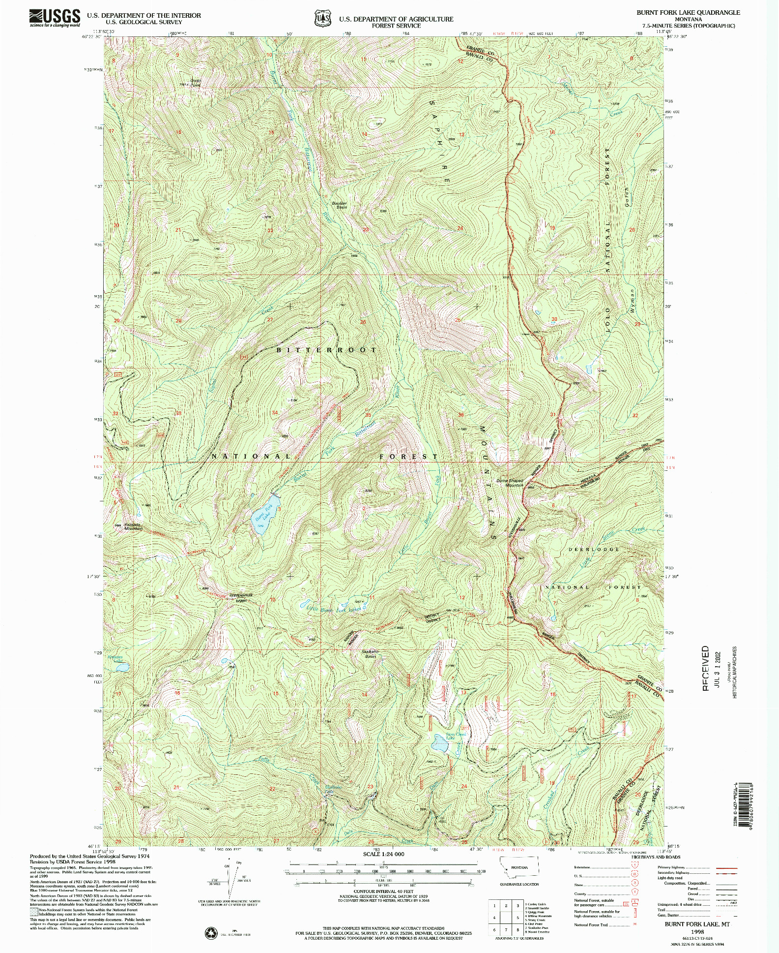 USGS 1:24000-SCALE QUADRANGLE FOR BURNT FORK LAKE, MT 1998