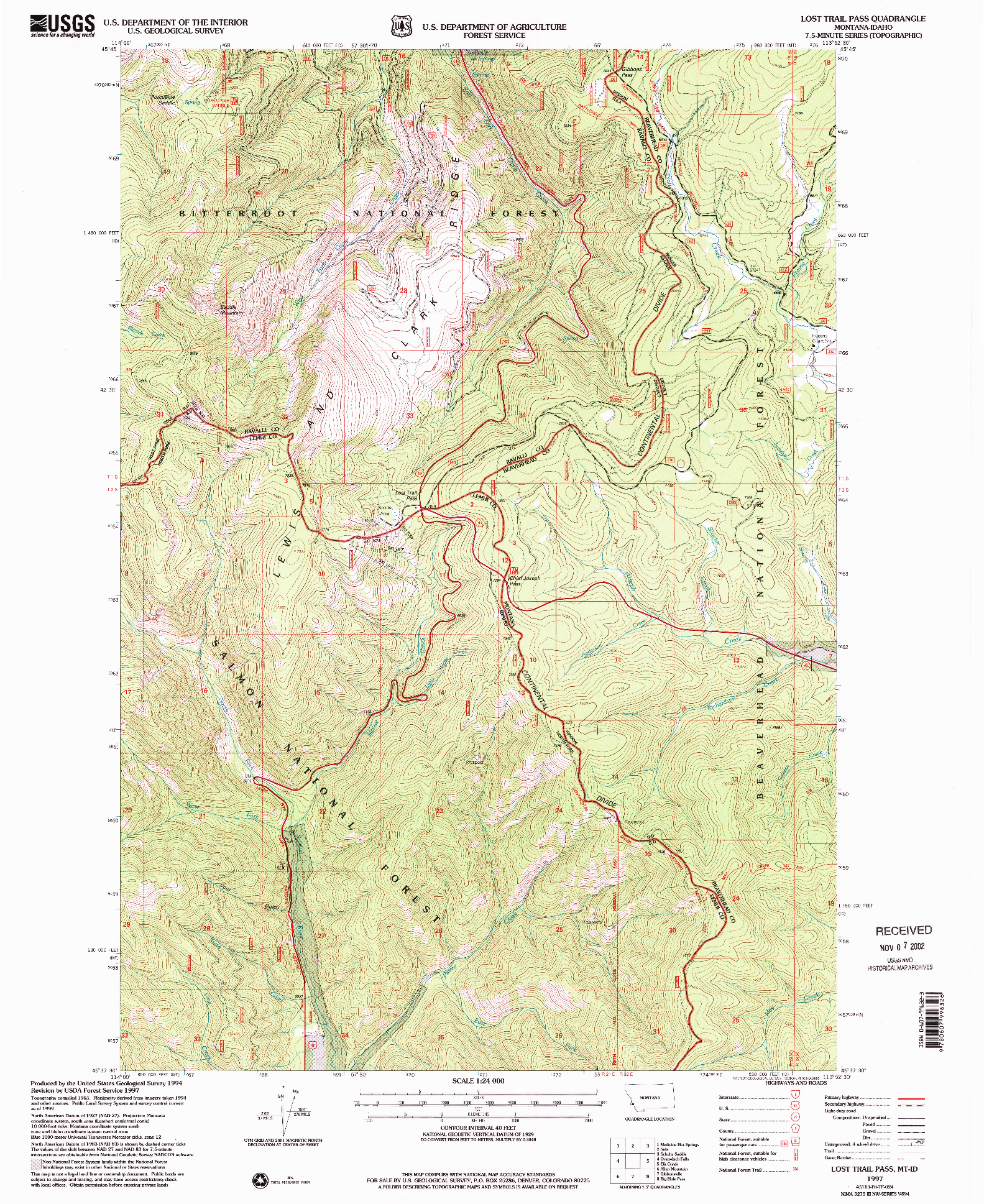 USGS 1:24000-SCALE QUADRANGLE FOR LOST TRAIL PASS, MT 1997