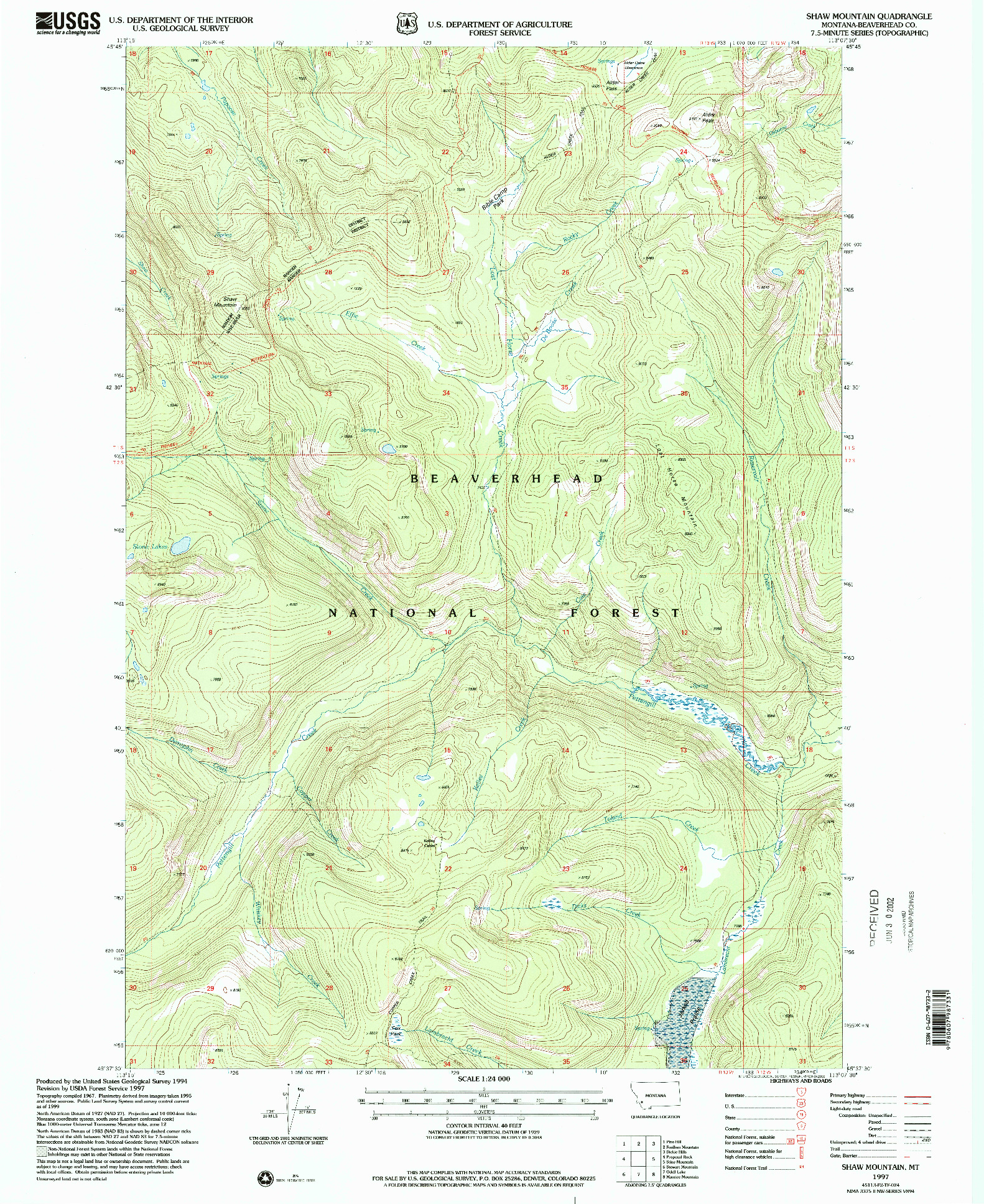 USGS 1:24000-SCALE QUADRANGLE FOR SHAW MOUNTAIN, MT 1997