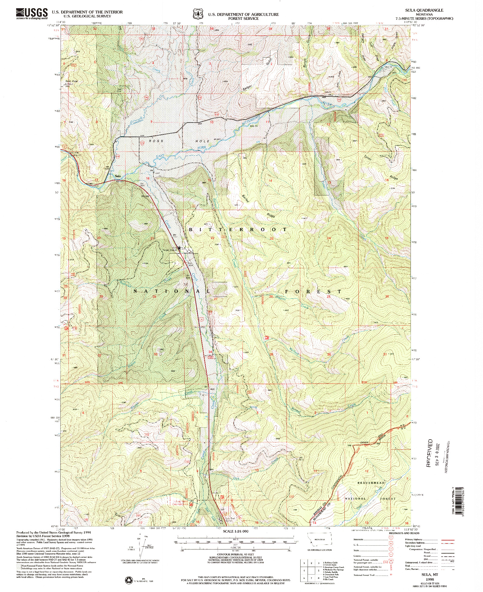 USGS 1:24000-SCALE QUADRANGLE FOR SULA, MT 1998