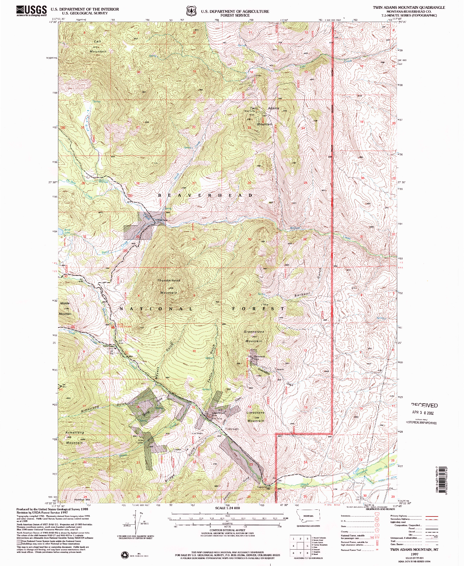 USGS 1:24000-SCALE QUADRANGLE FOR TWIN ADAMS MOUNTAIN, MT 1997