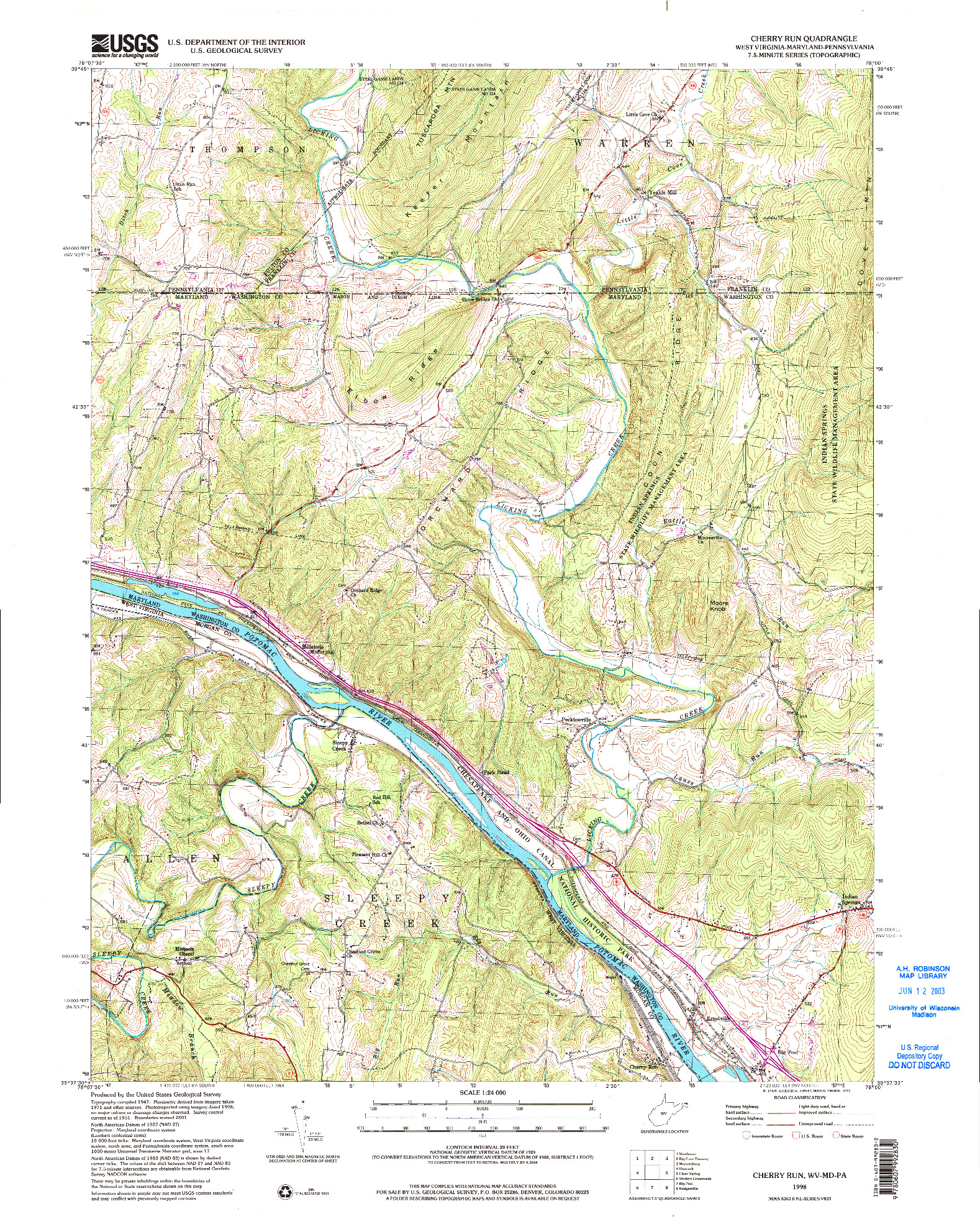 USGS 1:24000-SCALE QUADRANGLE FOR CHERRY RUN, WV 1998