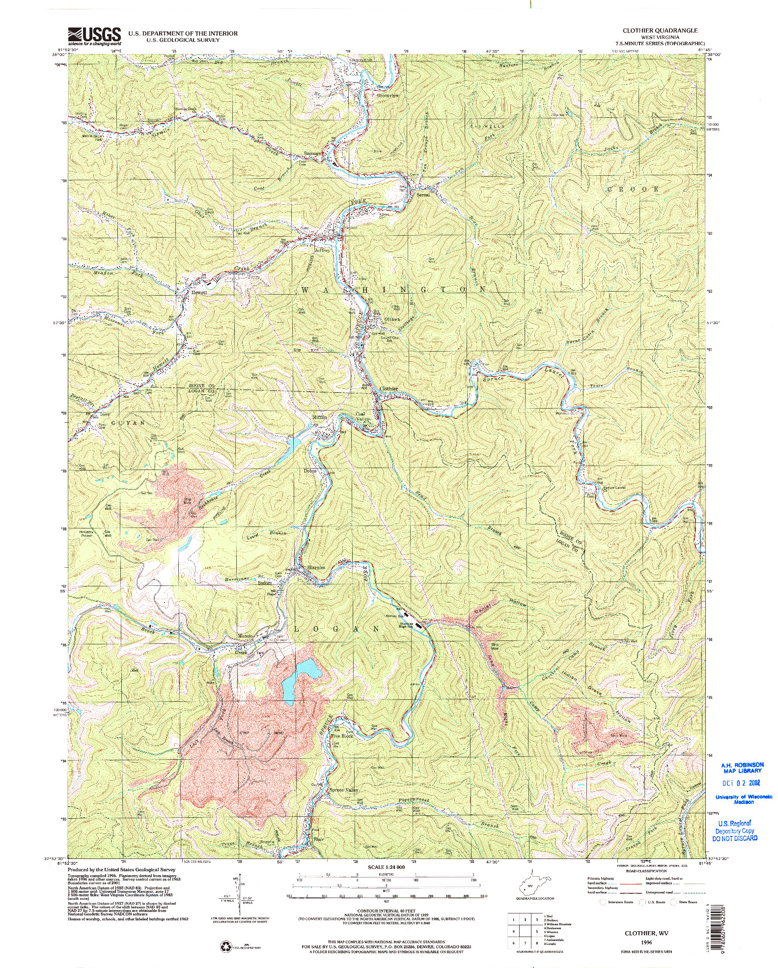 USGS 1:24000-SCALE QUADRANGLE FOR CLOTHIER, WV 1996