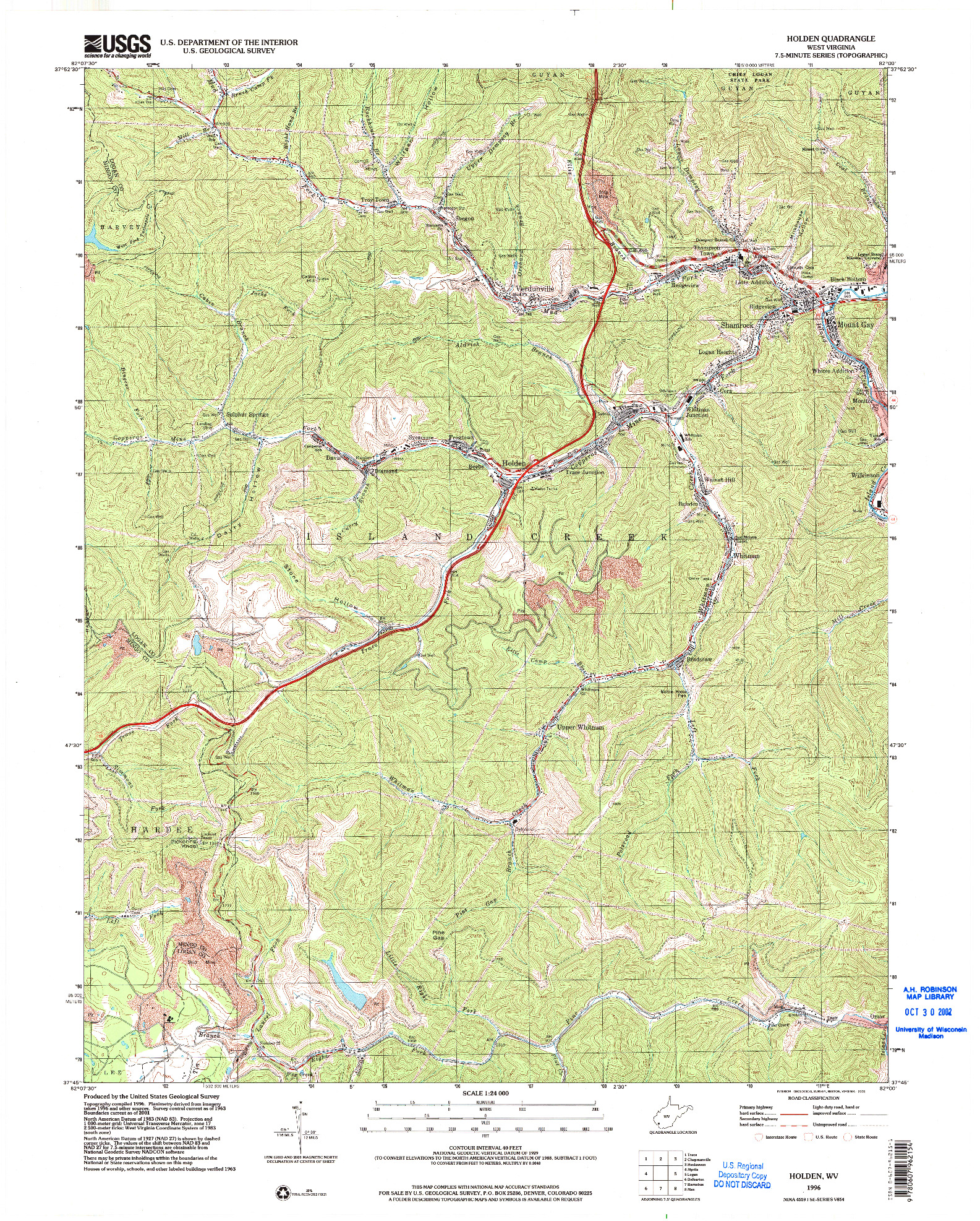 USGS 1:24000-SCALE QUADRANGLE FOR HOLDEN, WV 1996