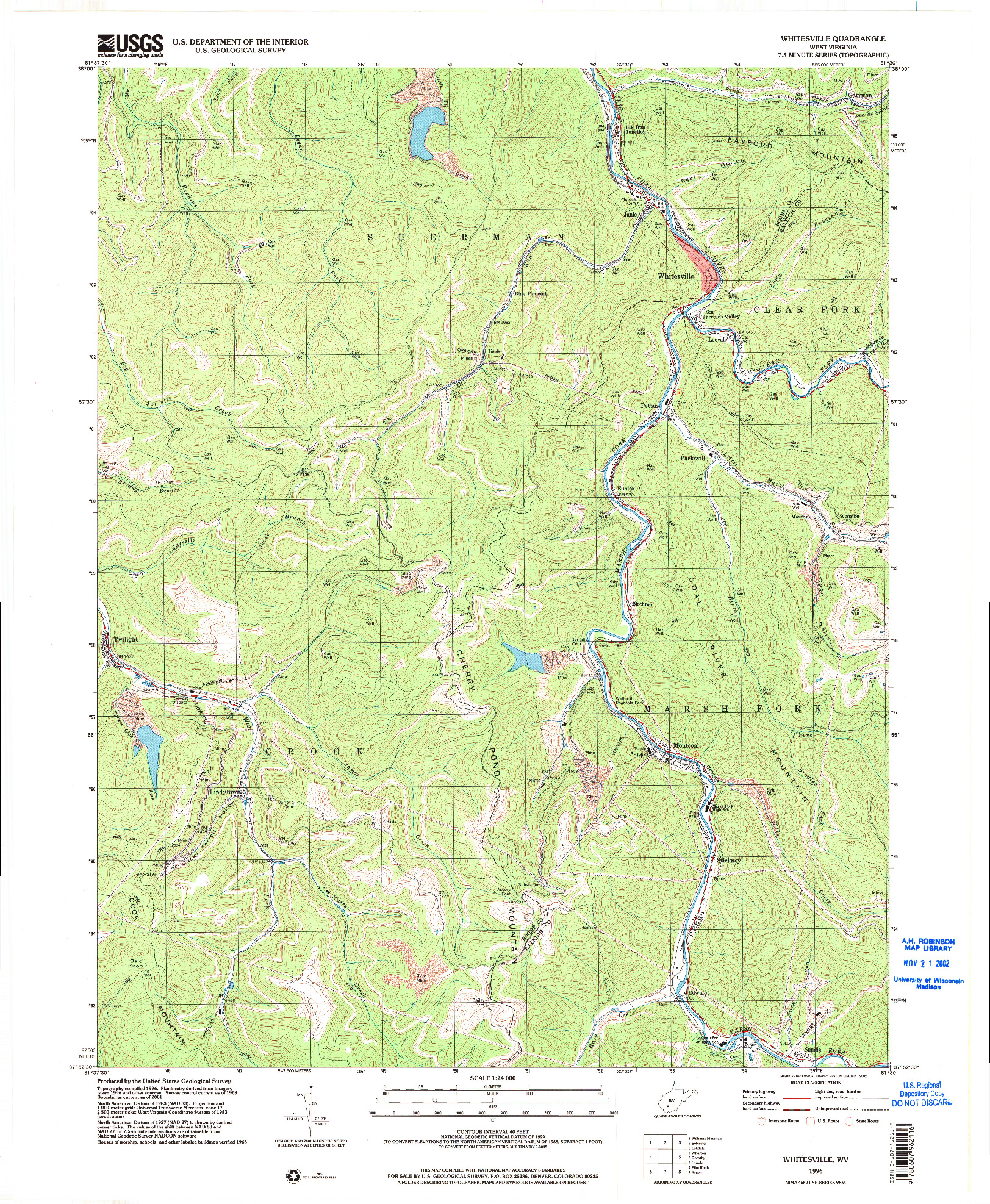 USGS 1:24000-SCALE QUADRANGLE FOR WHITESVILLE, WV 1996