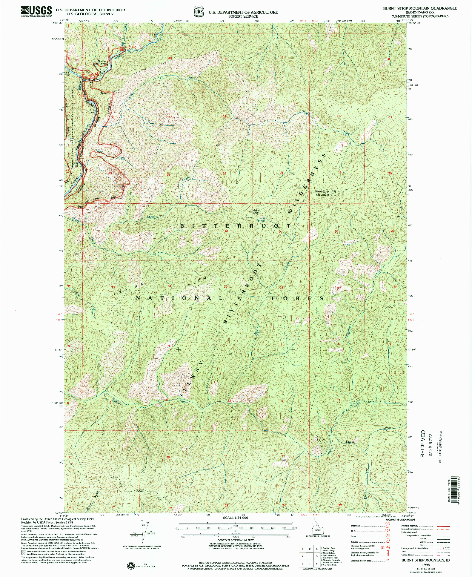 USGS 1:24000-SCALE QUADRANGLE FOR BURNT STRIP MOUNTAIN, ID 1998