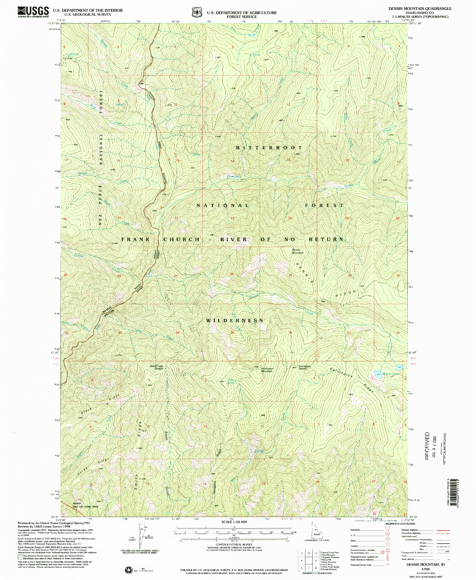 USGS 1:24000-SCALE QUADRANGLE FOR DENNIS MOUNTAIN, ID 1998