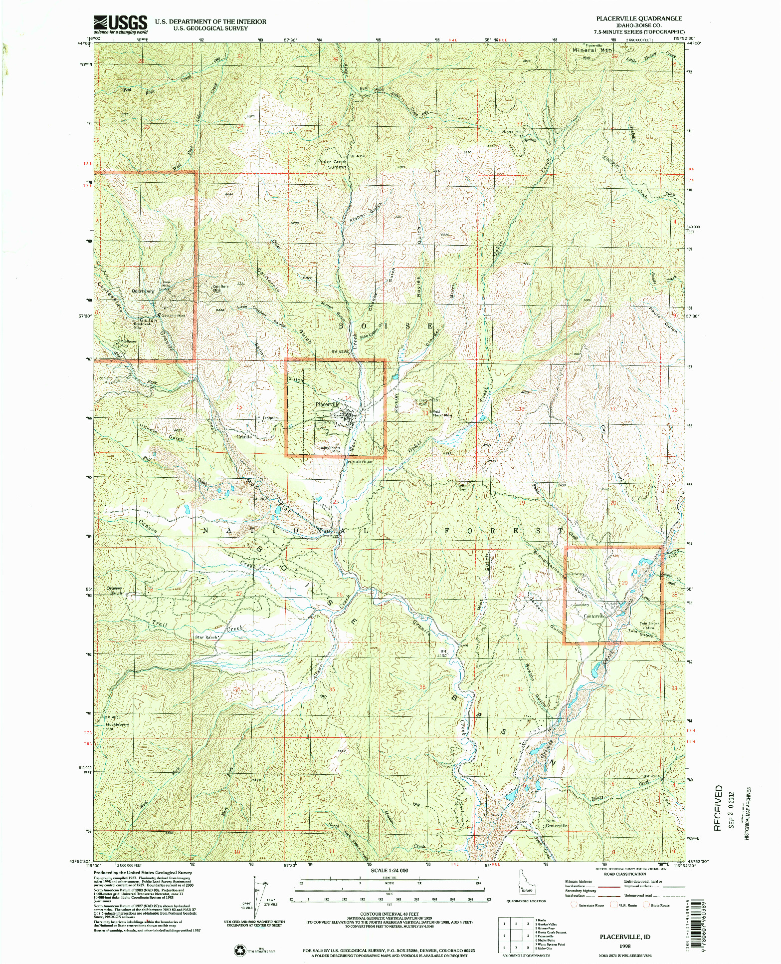 USGS 1:24000-SCALE QUADRANGLE FOR PLACERVILLE, ID 1998
