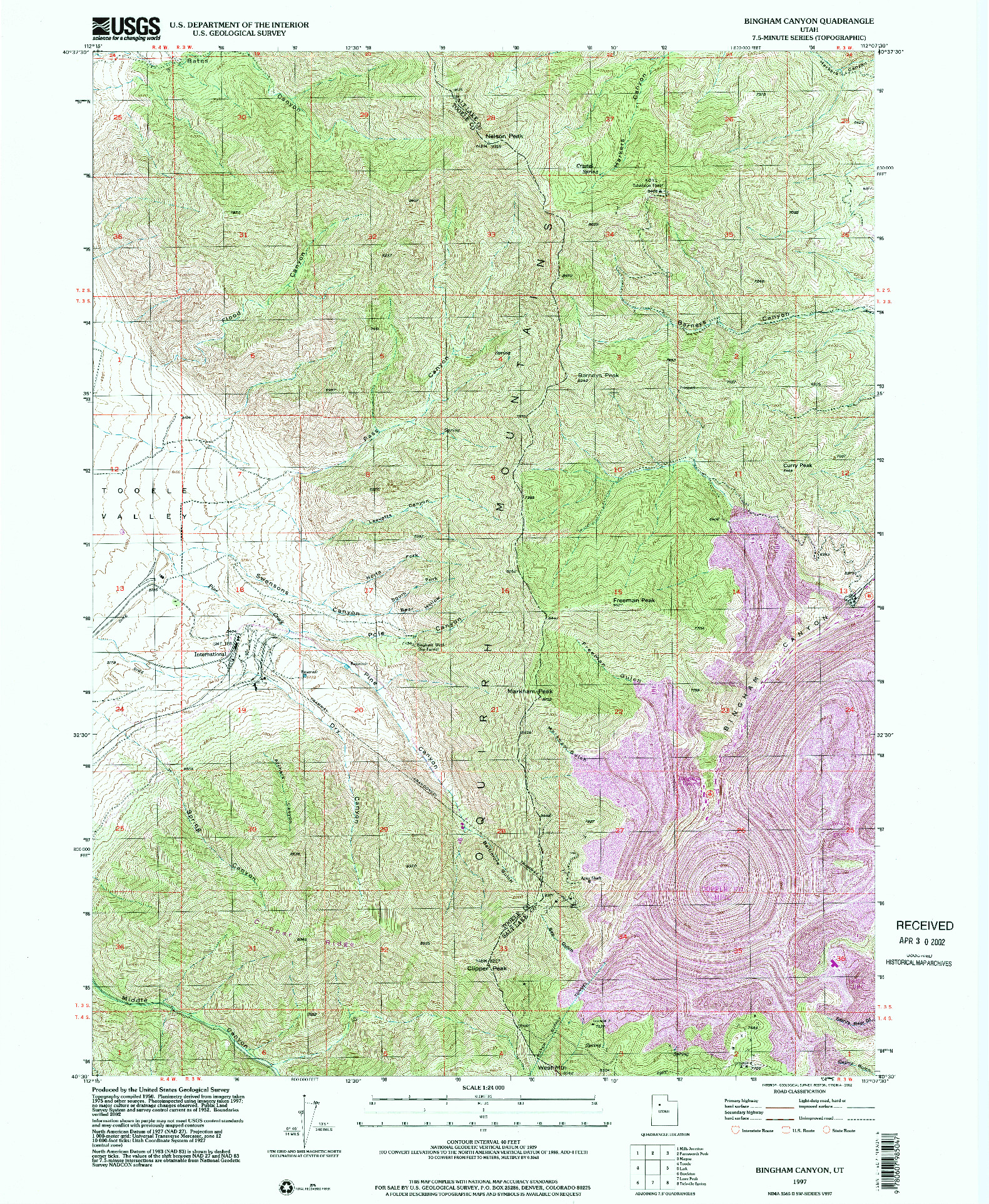 USGS 1:24000-SCALE QUADRANGLE FOR BINGHAM CANYON, UT 1997