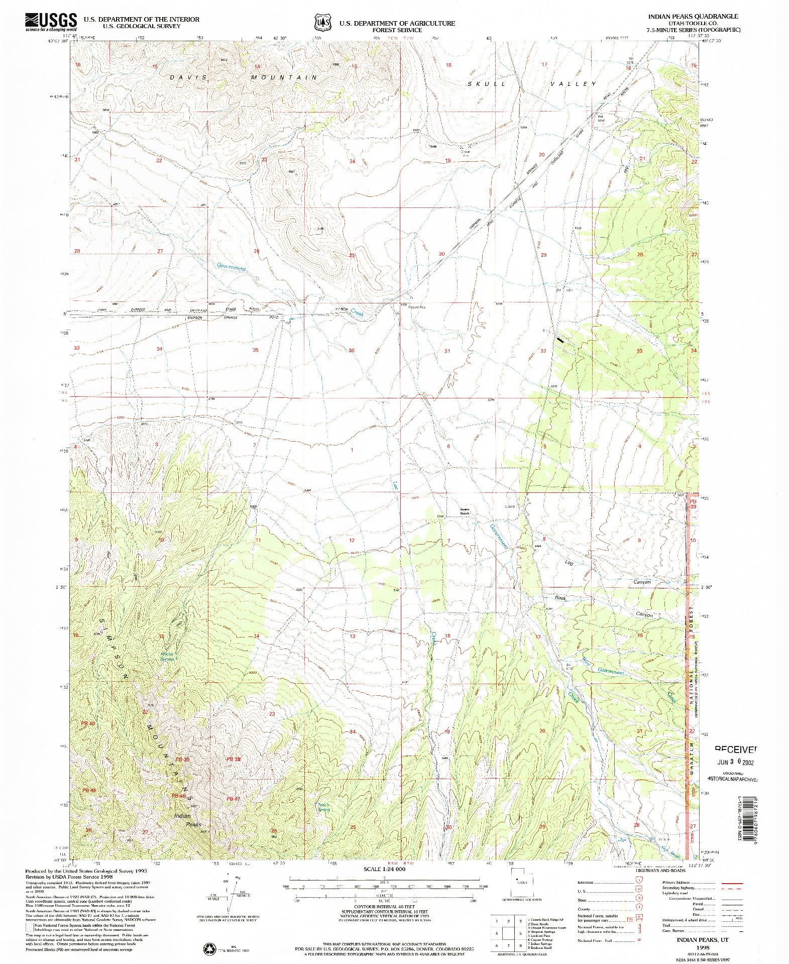USGS 1:24000-SCALE QUADRANGLE FOR INDIAN PEAKS, UT 1998