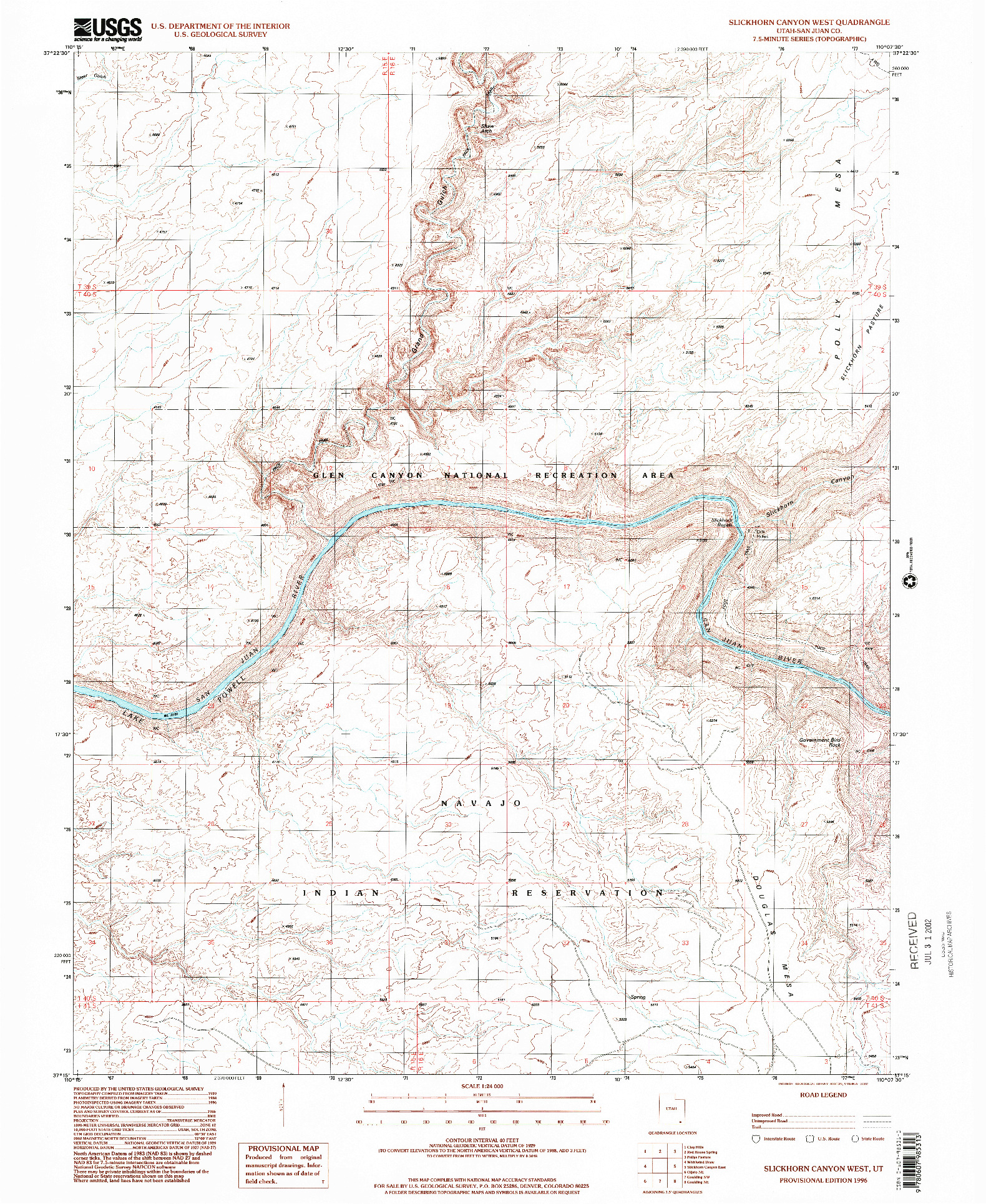 USGS 1:24000-SCALE QUADRANGLE FOR SLICKHORN CANYON WEST, UT 1996