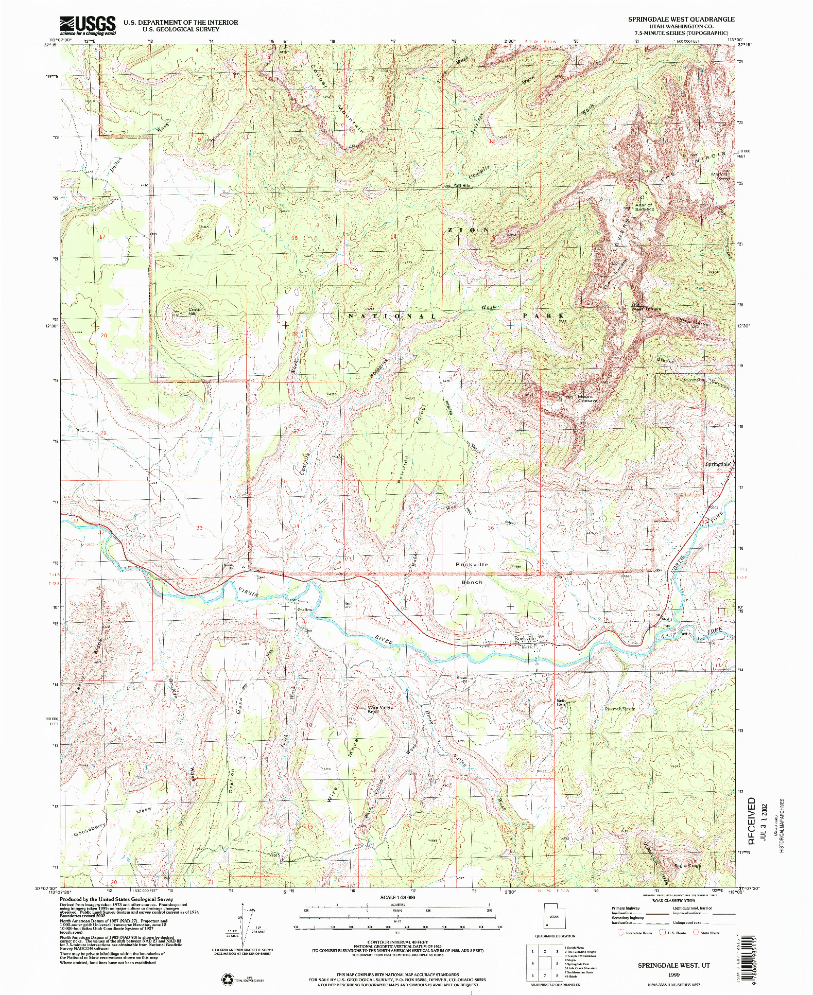 USGS 1:24000-SCALE QUADRANGLE FOR SPRINGDALE WEST, UT 1999