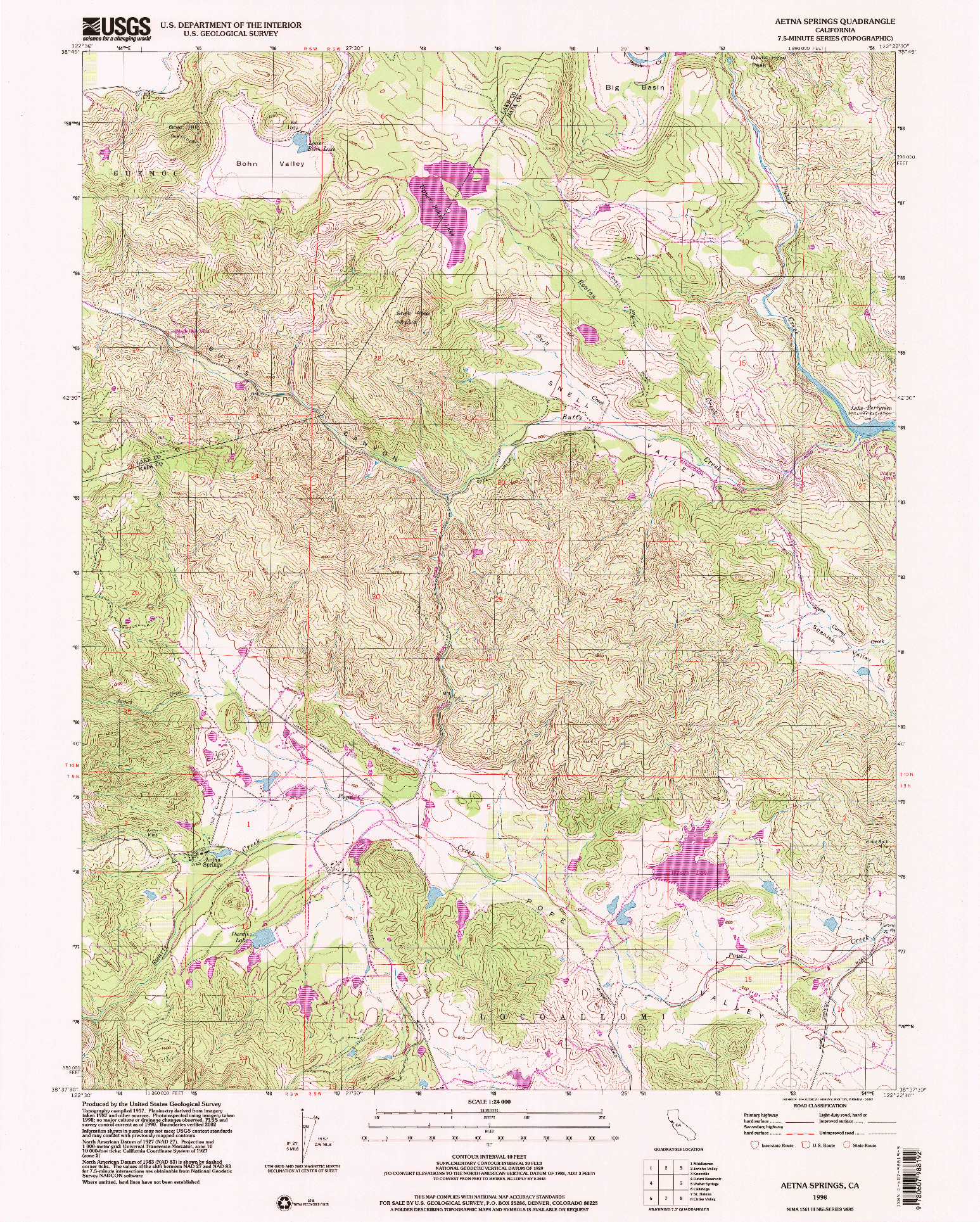 USGS 1:24000-SCALE QUADRANGLE FOR AETNA SPRINGS, CA 1998