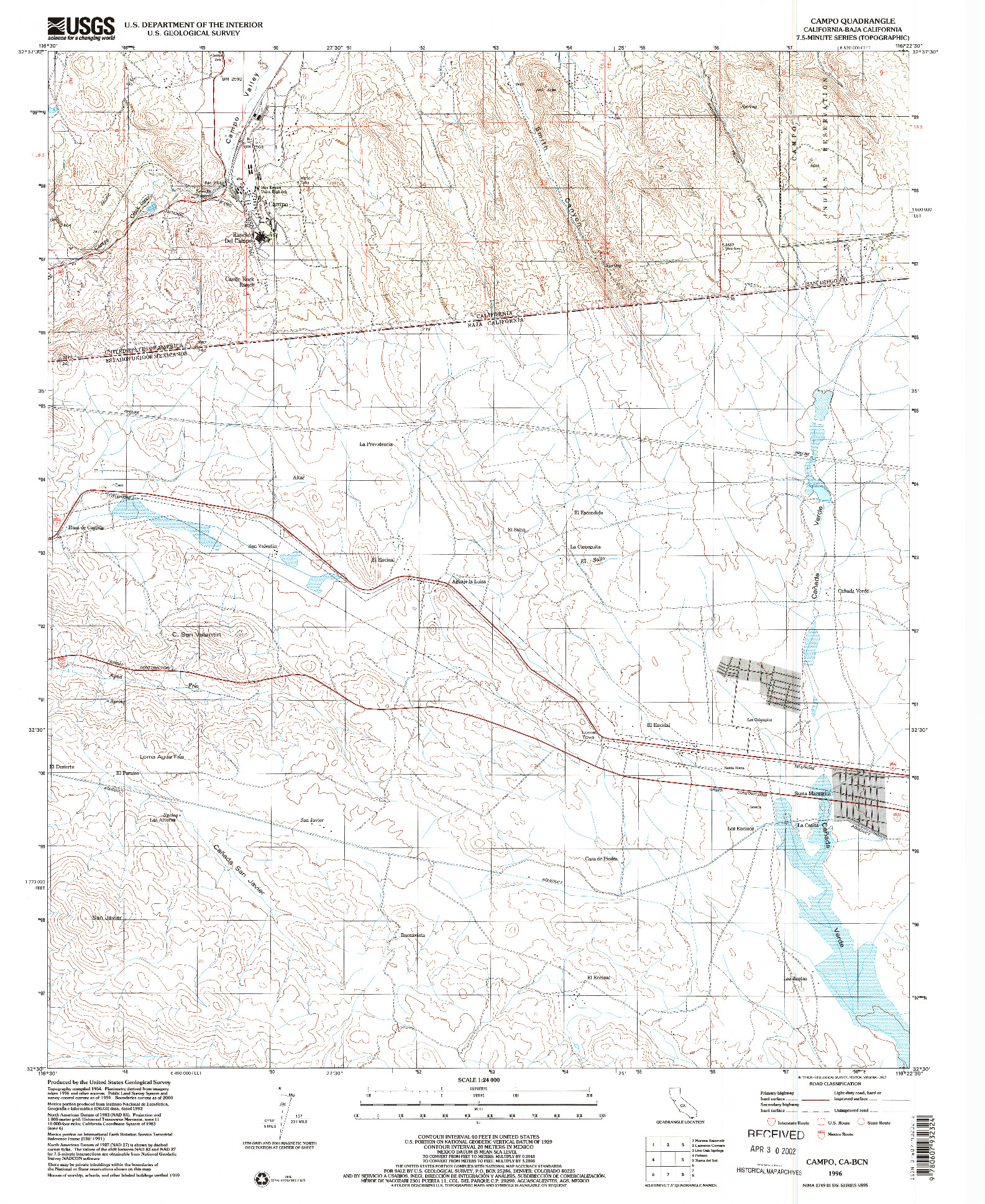 USGS 1:24000-SCALE QUADRANGLE FOR CAMPO, CA 1996