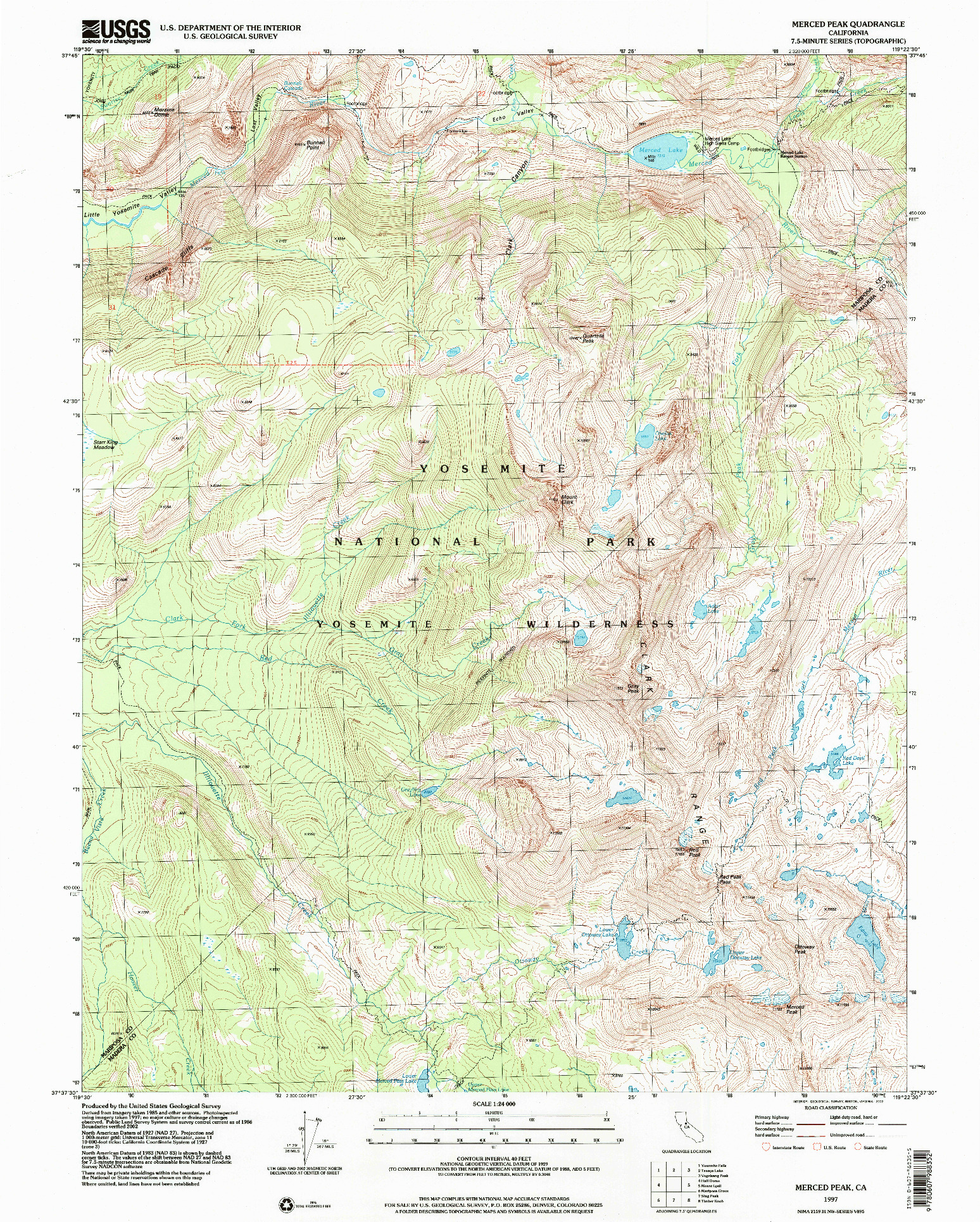 USGS 1:24000-SCALE QUADRANGLE FOR MERCED PEAK, CA 1997