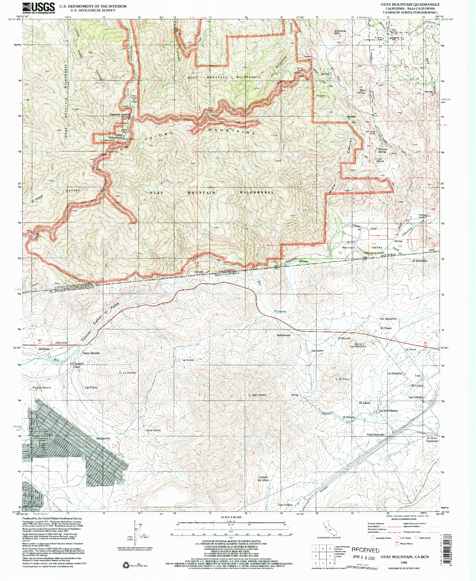 USGS 1:24000-SCALE QUADRANGLE FOR OTAY MOUNTAIN, CA 1996