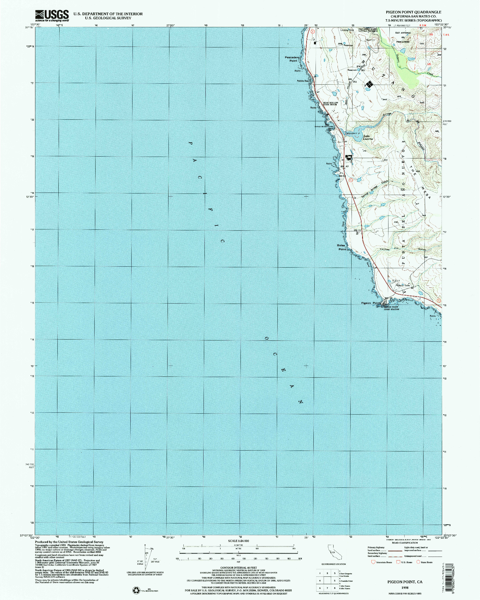 USGS 1:24000-SCALE QUADRANGLE FOR PIGEON POINT, CA 1998