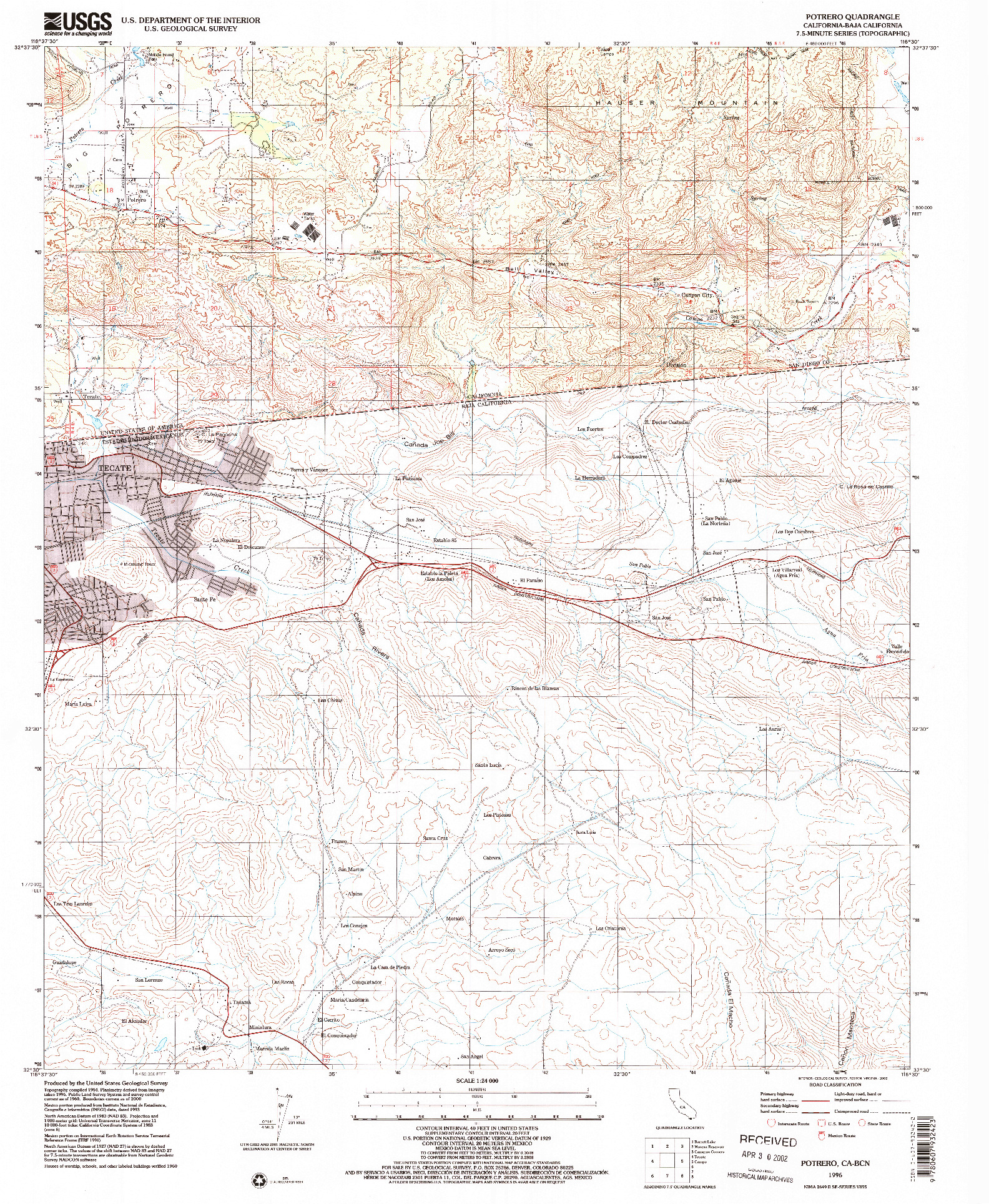 USGS 1:24000-SCALE QUADRANGLE FOR POTRERO, CA 1996